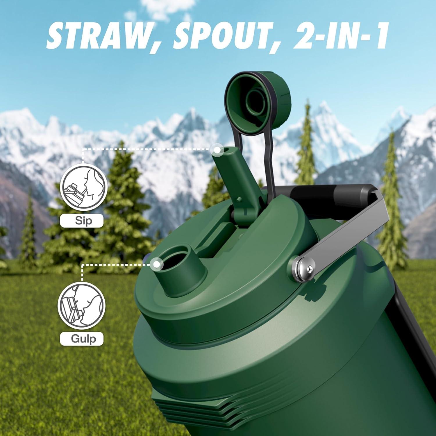 image64 oz Insulated Water Bottle for Gym 2in1 Straw Spout Lid Dual Handle Leakproof Keep Cold 36H Half Gallon Stainless Steel Water Jug for Travel Hiking Cycling Park Workout Picnic MidnightForest