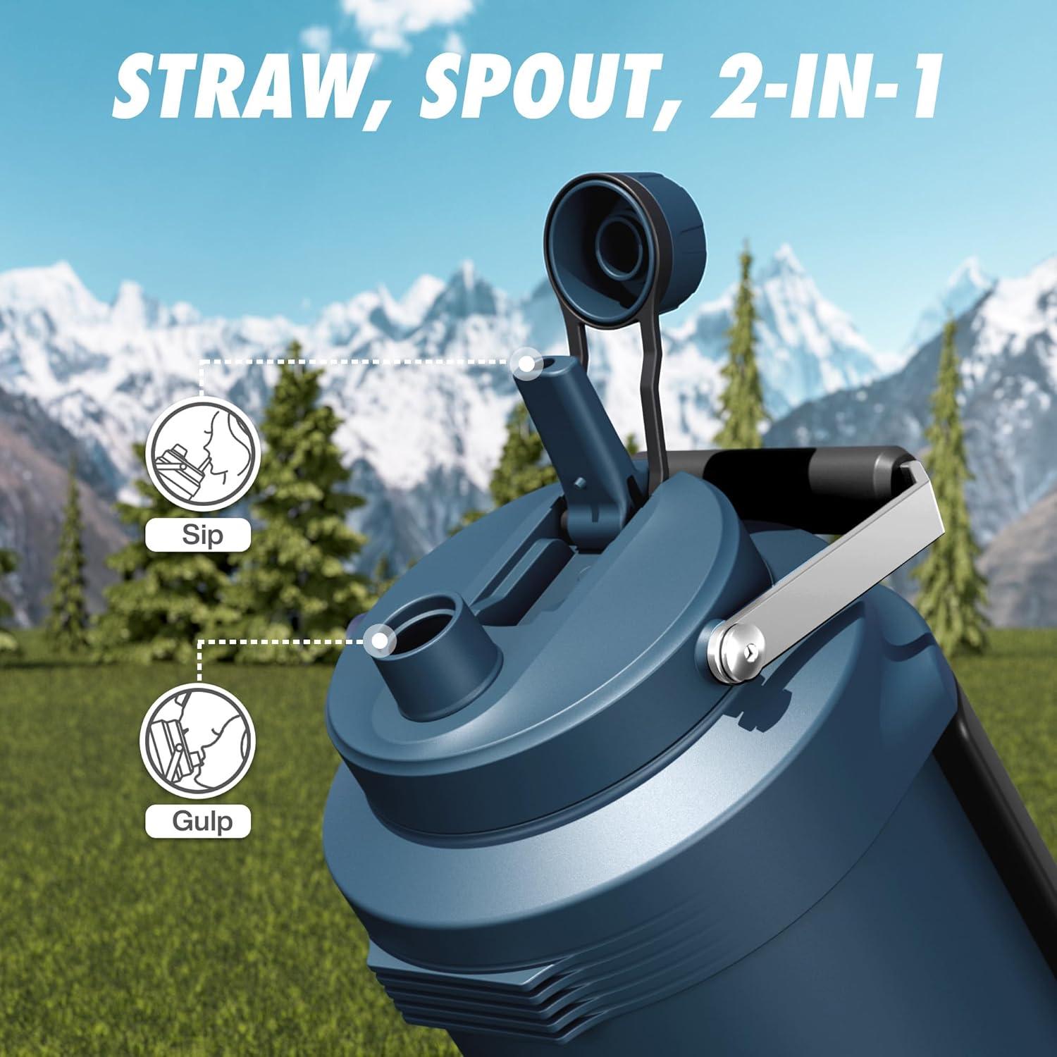 image64 oz Insulated Water Bottle for Gym 2in1 Straw Spout Lid Dual Handle Leakproof Keep Cold 36H Half Gallon Stainless Steel Water Jug for Travel Hiking Cycling Park Workout Picnic MidnightDeepsea