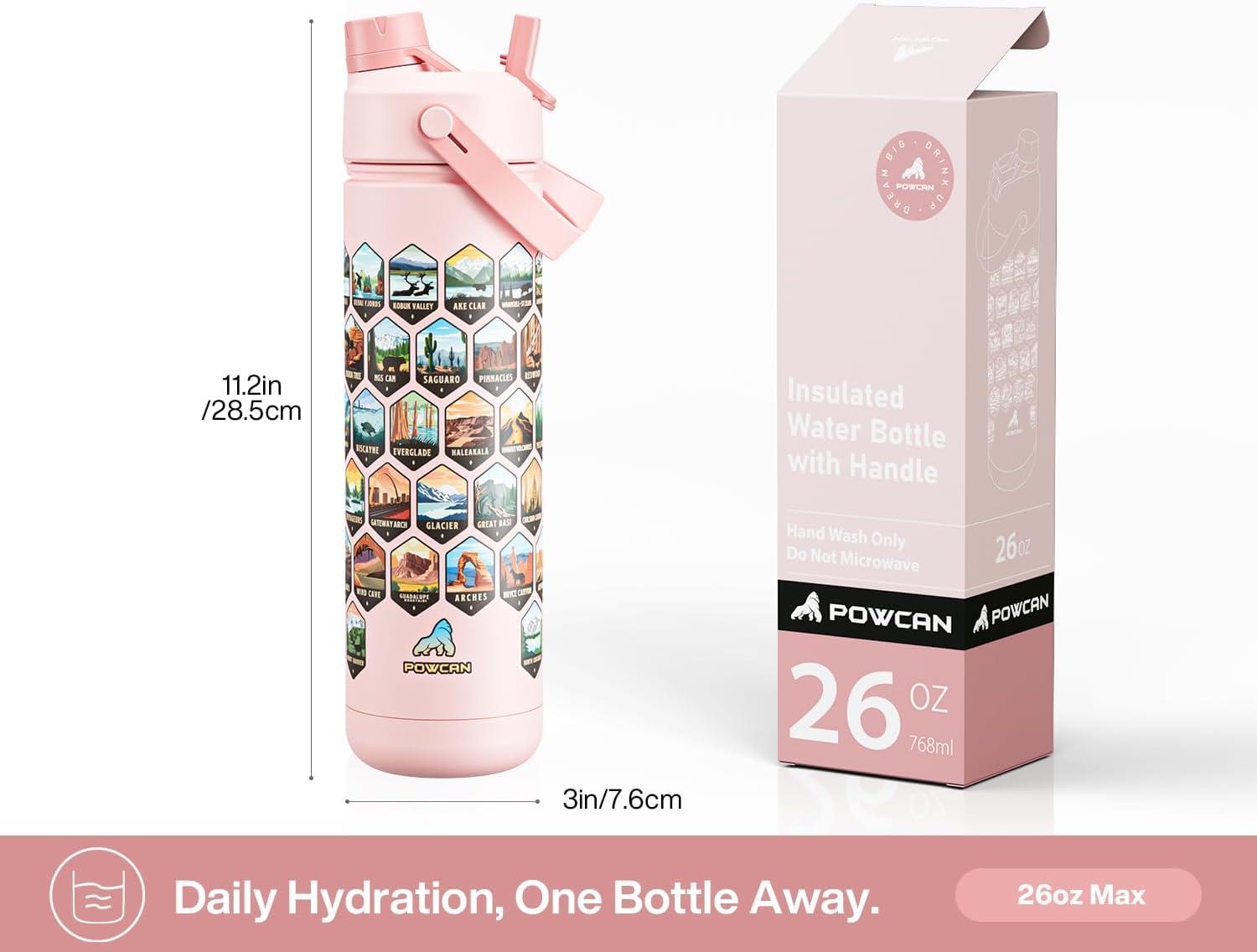 imagePOWCAN 26 oz Insulated Water Bottle with 2in1 Straw and Spout Lid Keep Cold 24H LeakProof Fits in Car Cup Holder Stainless Steel Water Bottle for Sports Travel and School Cotton CandyNational Park  Pink