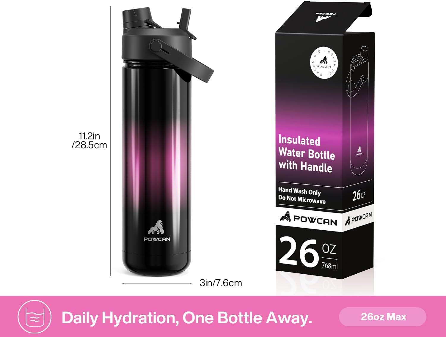 imagePOWCAN 26 oz Insulated Water Bottle with 2in1 Straw and Spout Lid Keep Cold 24H LeakProof Fits in Car Cup Holder Stainless Steel Water Bottle for Sports Travel and School Cotton CandyNeon Night