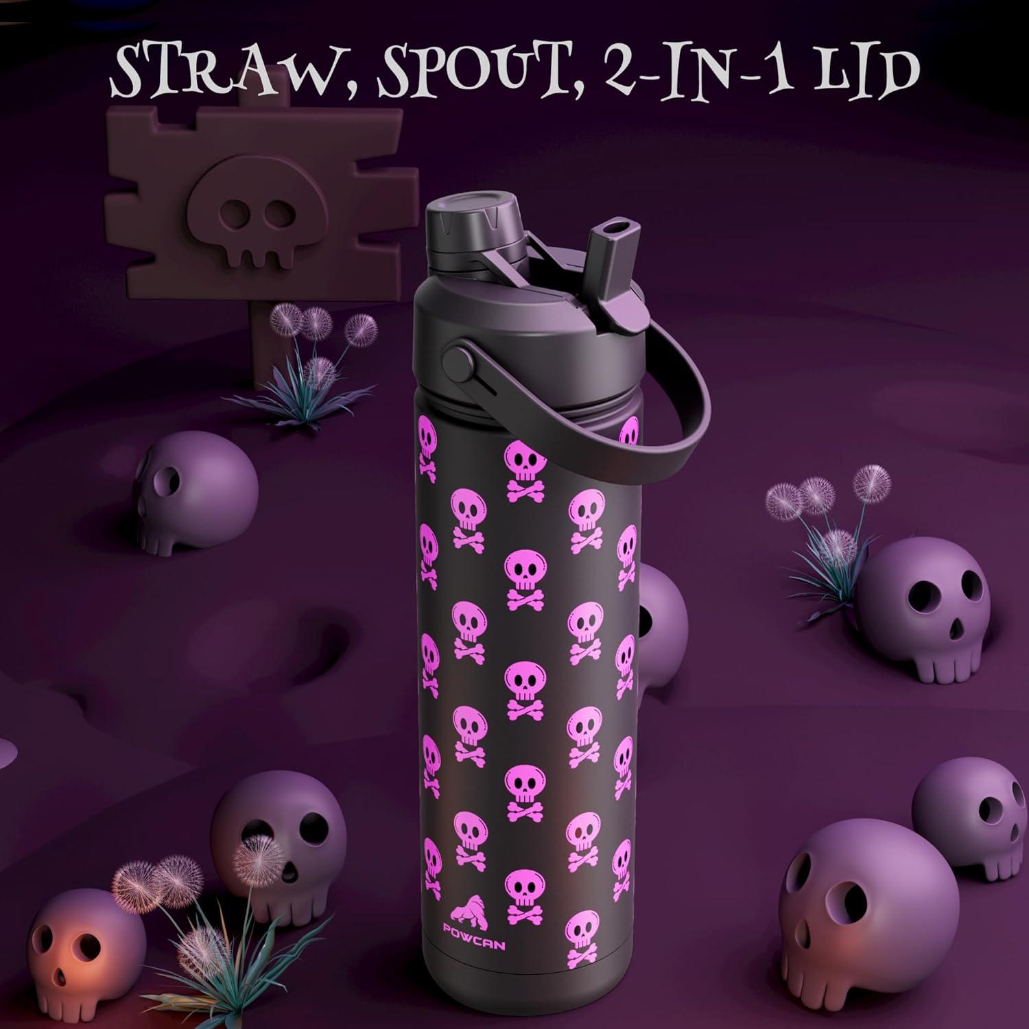 imagePOWCAN 26 oz Insulated Water Bottle with 2in1 Straw and Spout Lid Keep Cold 24H LeakProof Fits in Car Cup Holder Stainless Steel Water Bottle for Sports Travel and School Cotton CandyDeadly Cute Luminous
