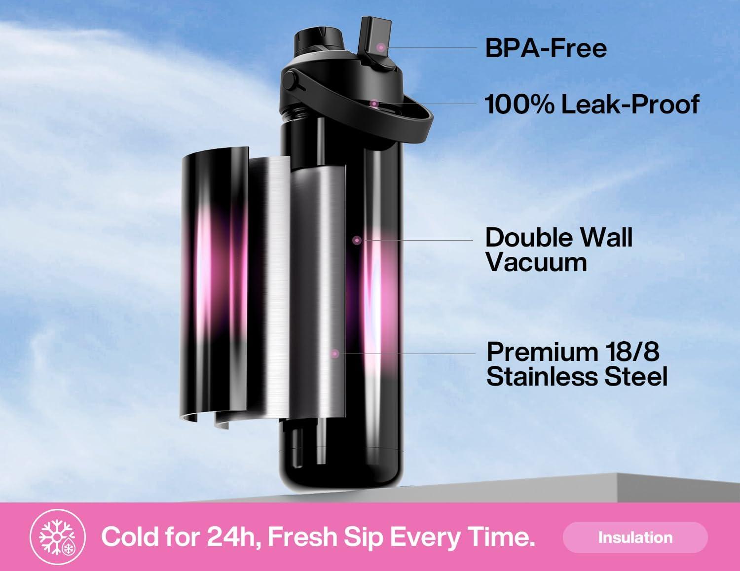 imagePOWCAN 26 oz Insulated Water Bottle with 2in1 Straw and Spout Lid Keep Cold 24H LeakProof Fits in Car Cup Holder Stainless Steel Water Bottle for Sports Travel and School Cotton CandyNeon Night