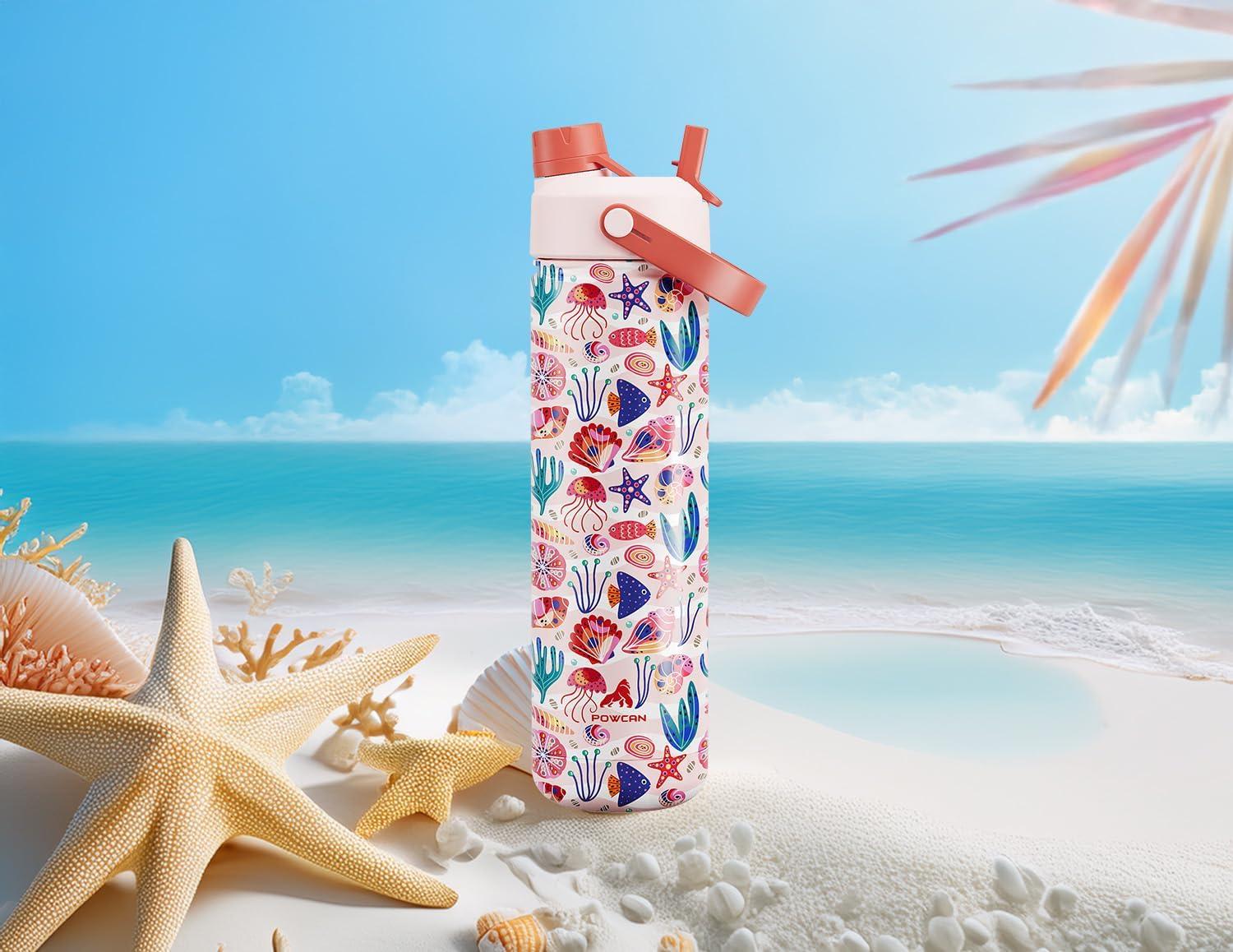 imagePOWCAN 26 oz Insulated Water Bottle with 2in1 Straw and Spout Lid Keep Cold 24H LeakProof Fits in Car Cup Holder Stainless Steel Water Bottle for Sports Travel and School Cotton CandyOcean Carnival