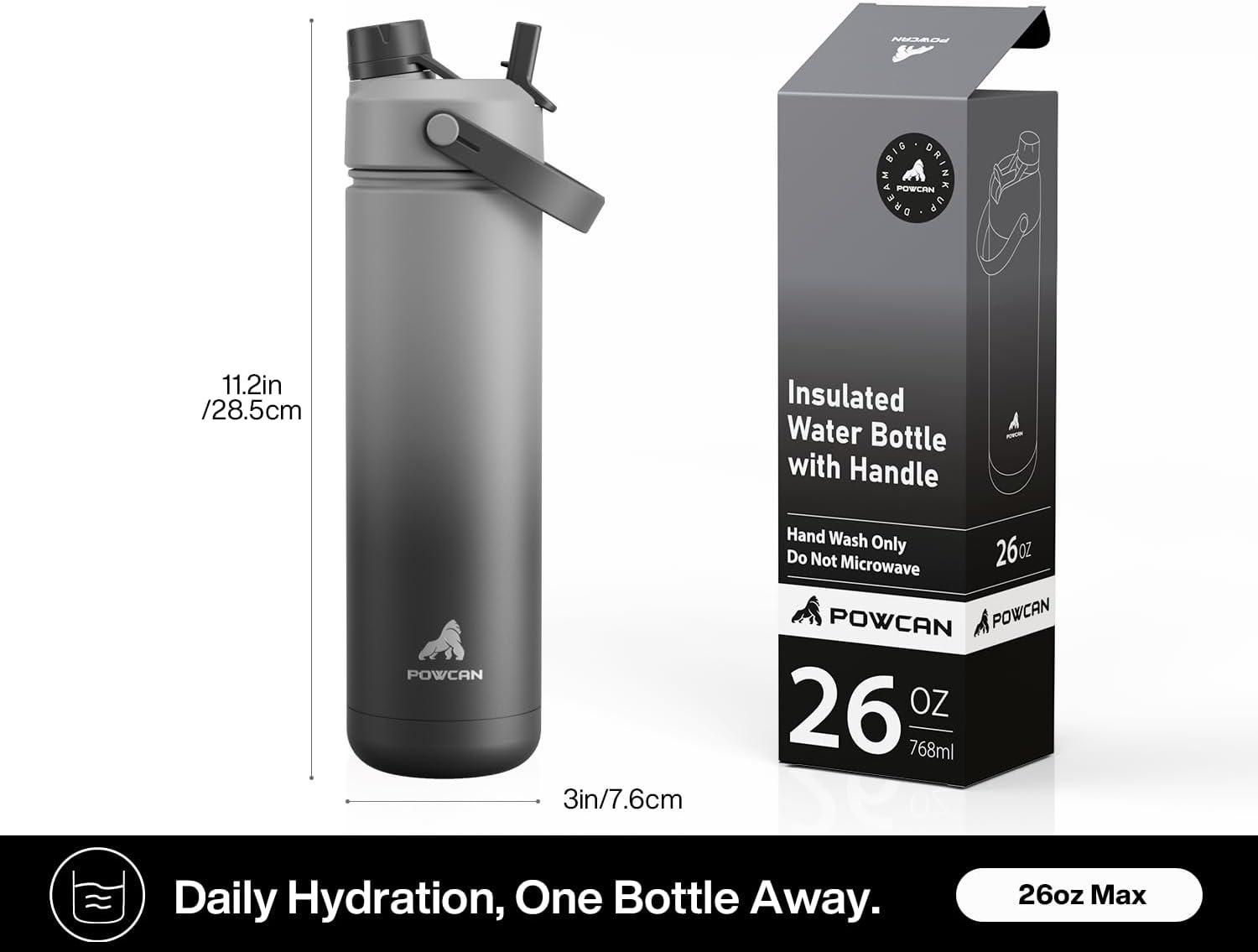 imagePOWCAN 26 oz Insulated Water Bottle with 2in1 Straw and Spout Lid Keep Cold 24H LeakProof Fits in Car Cup Holder Stainless Steel Water Bottle for Sports Travel and School Cotton CandyObsidian