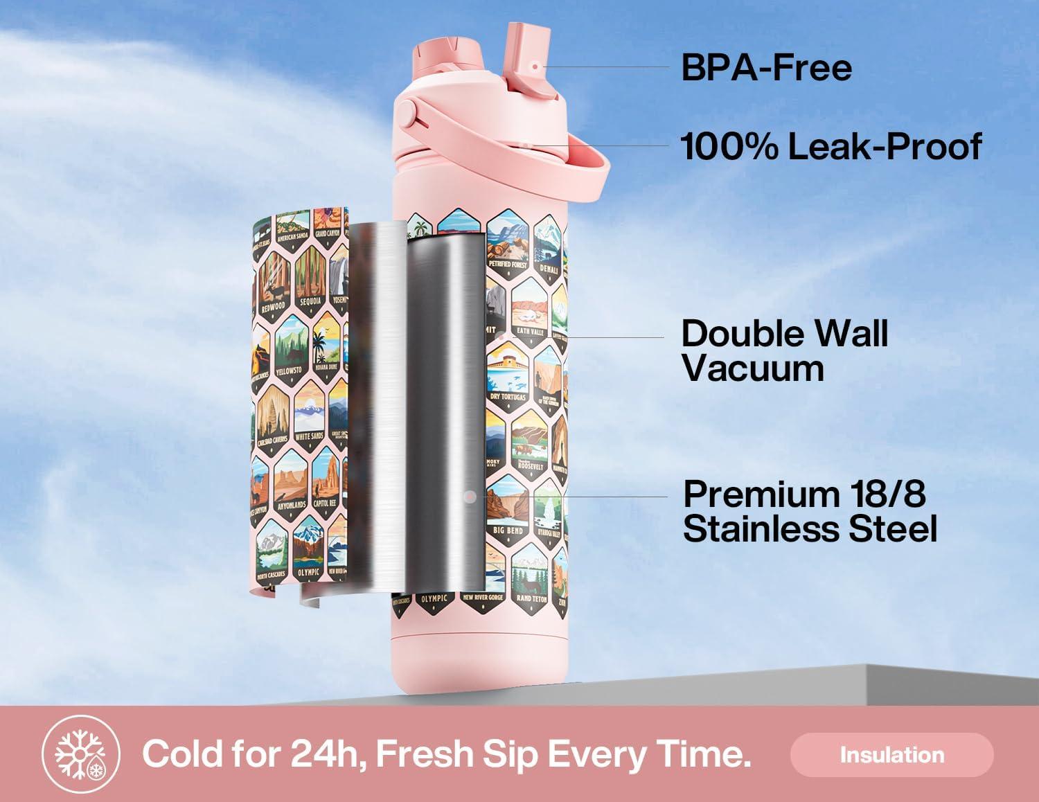imagePOWCAN 26 oz Insulated Water Bottle with 2in1 Straw and Spout Lid Keep Cold 24H LeakProof Fits in Car Cup Holder Stainless Steel Water Bottle for Sports Travel and School Cotton CandyNational Park  Pink