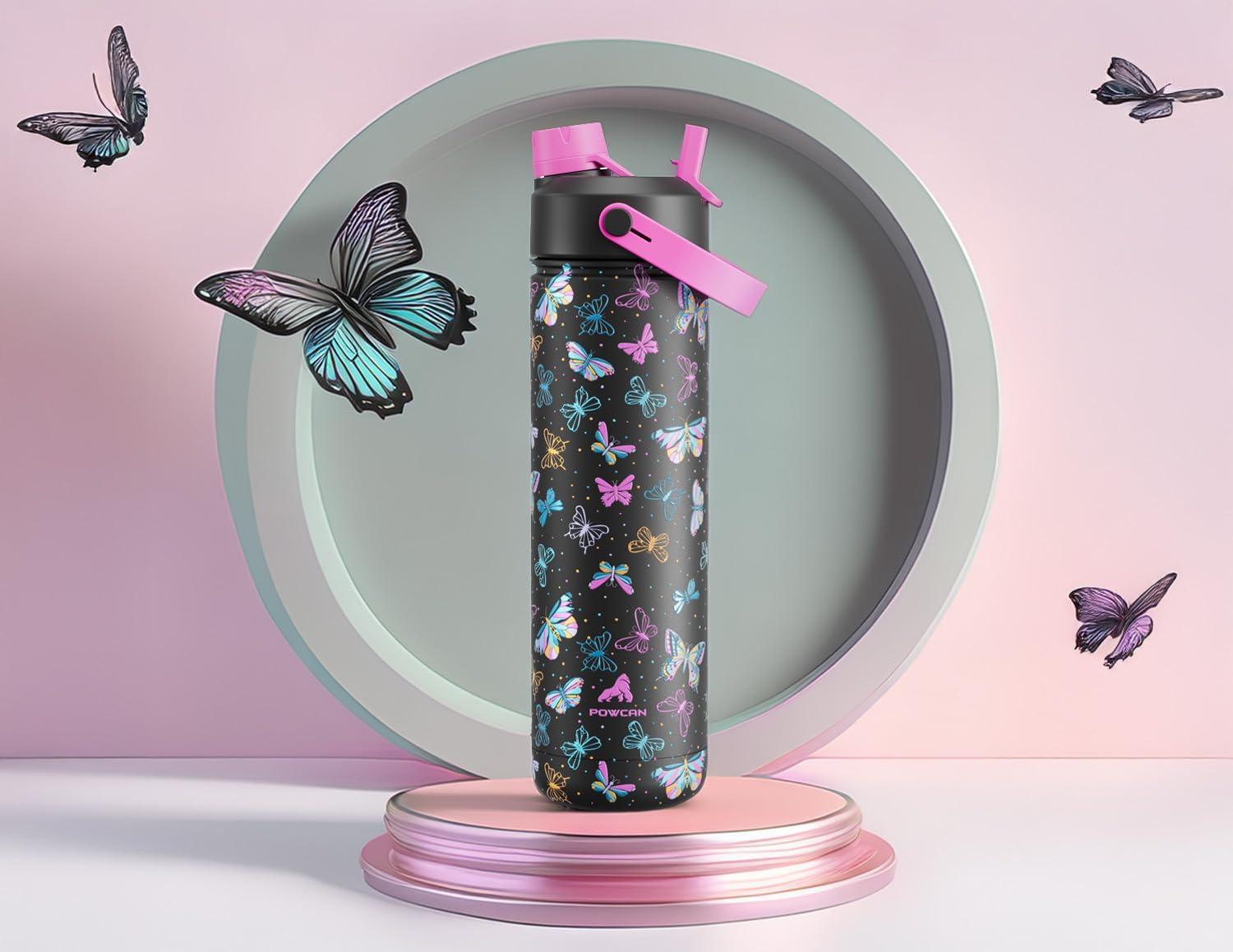 imagePOWCAN 26 oz Insulated Water Bottle with 2in1 Straw and Spout Lid Keep Cold 24H LeakProof Fits in Car Cup Holder Stainless Steel Water Bottle for Sports Travel and School Cotton CandyButterfly Kaleido