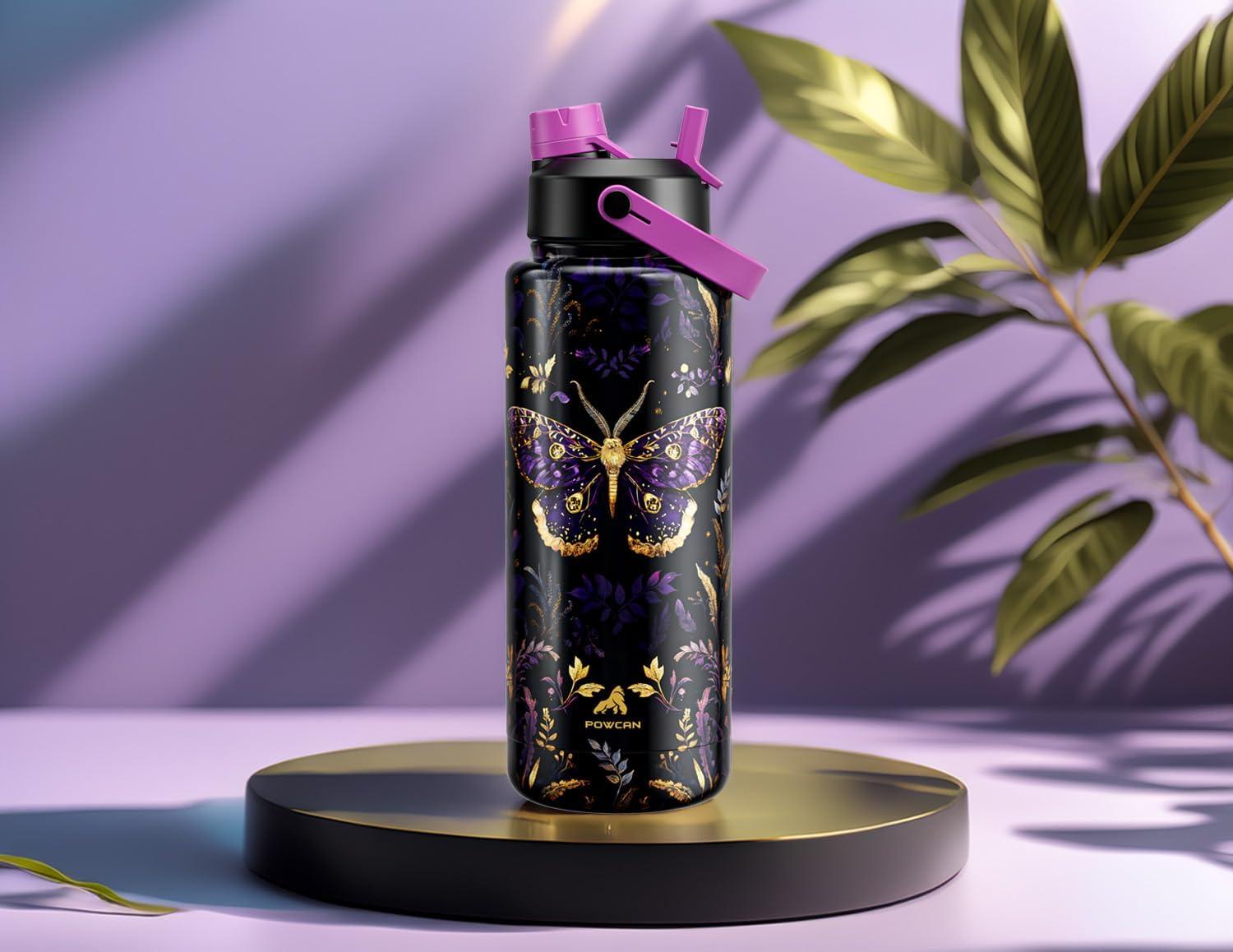 imagePOWCAN 26 oz Insulated Water Bottle with 2in1 Straw and Spout Lid Keep Cold 24H LeakProof Fits in Car Cup Holder Stainless Steel Water Bottle for Sports Travel and School Cotton CandyMonarch Butterfly
