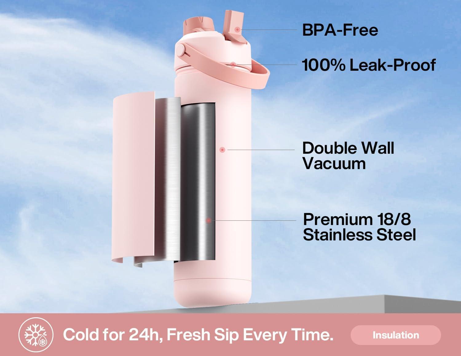 imagePOWCAN 26 oz Insulated Water Bottle with 2in1 Straw and Spout Lid Keep Cold 24H LeakProof Fits in Car Cup Holder Stainless Steel Water Bottle for Sports Travel and School Cotton CandyCotton Candy
