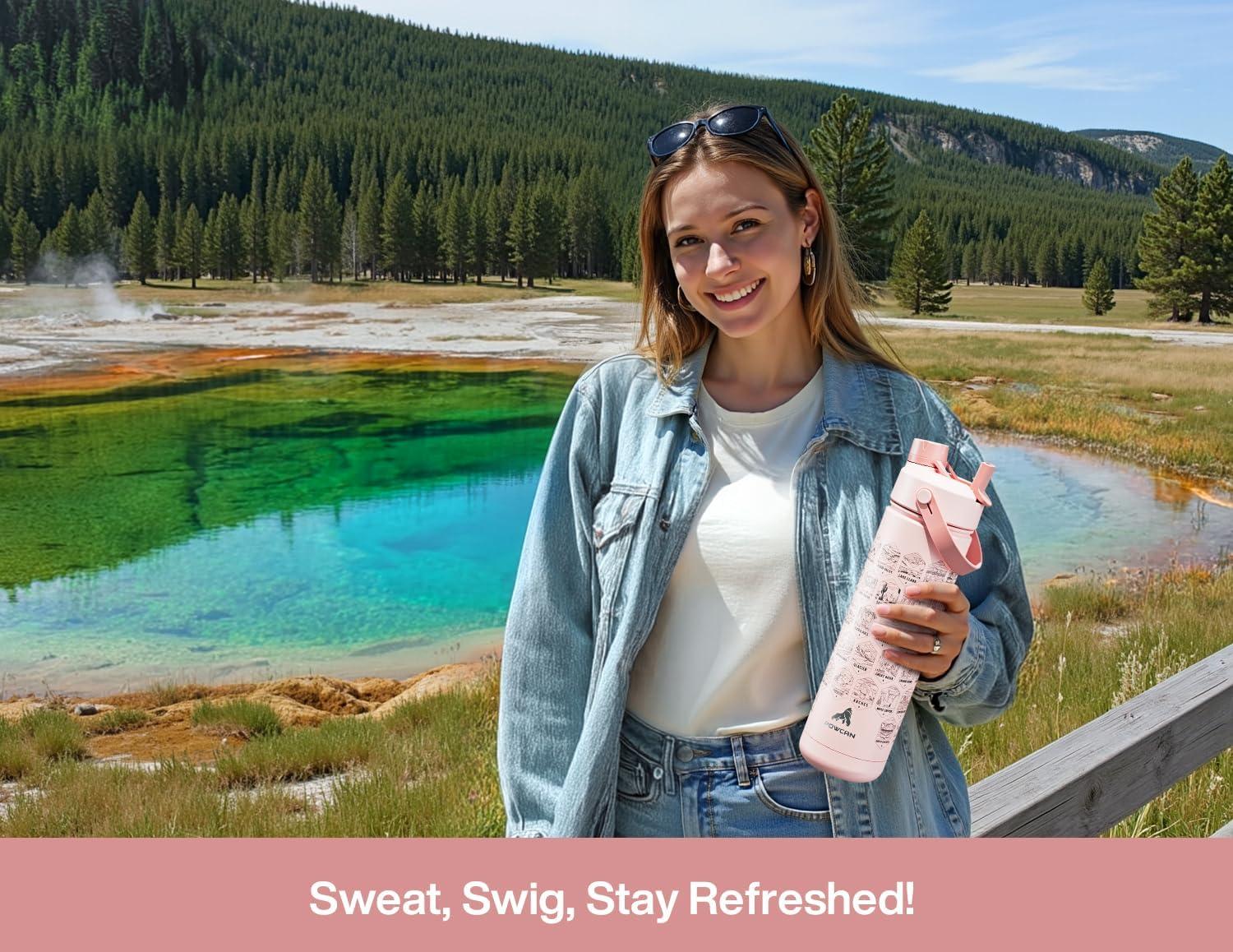 imagePOWCAN 26 oz Insulated Water Bottle with 2in1 Straw and Spout Lid Keep Cold 24H LeakProof Fits in Car Cup Holder Stainless Steel Water Bottle for Sports Travel and School Cotton CandyNational Park  Pink