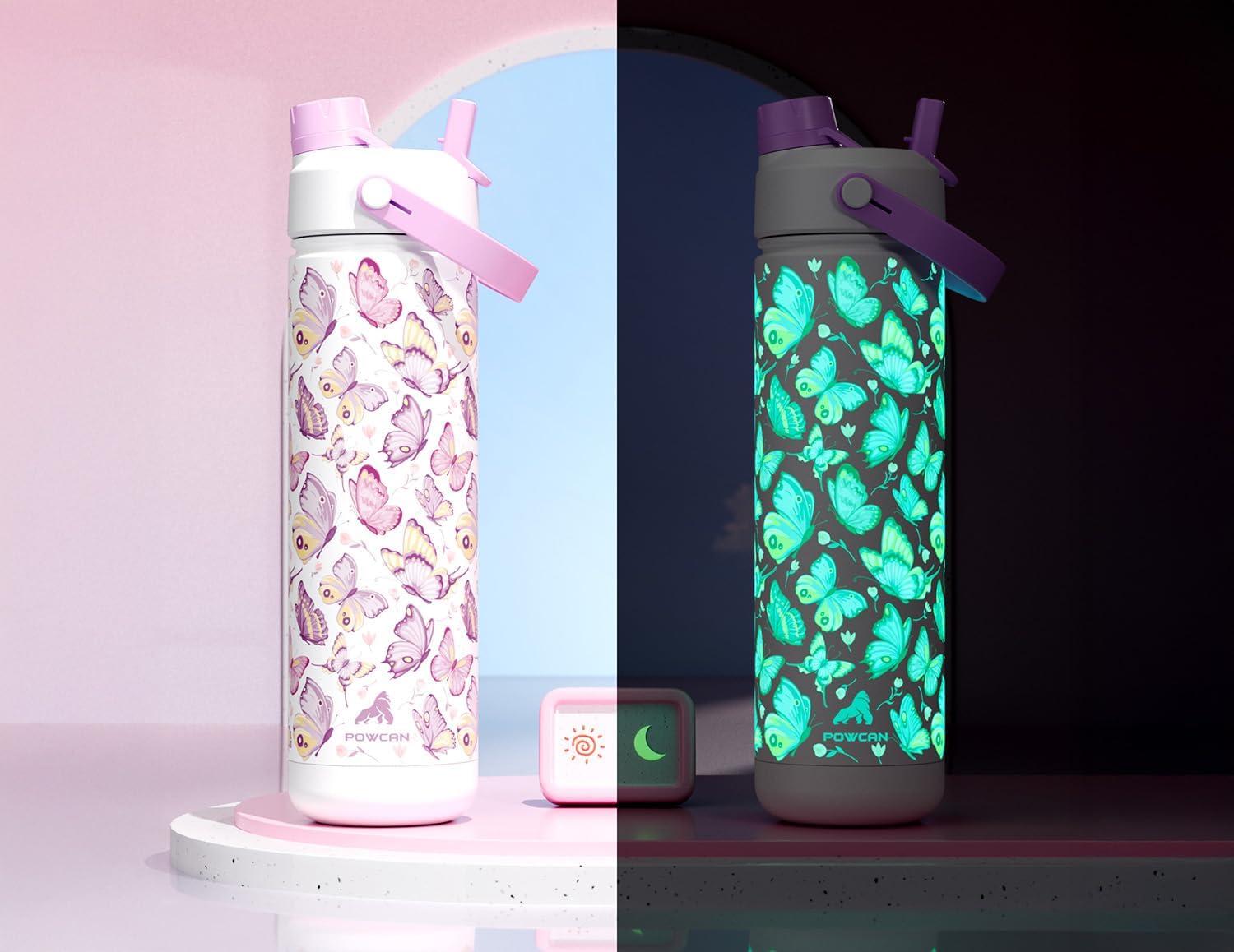 imagePOWCAN 26 oz Insulated Water Bottle with 2in1 Straw and Spout Lid Keep Cold 24H LeakProof Fits in Car Cup Holder Stainless Steel Water Bottle for Sports Travel and School Cotton CandyLuminous Flutter Luminous