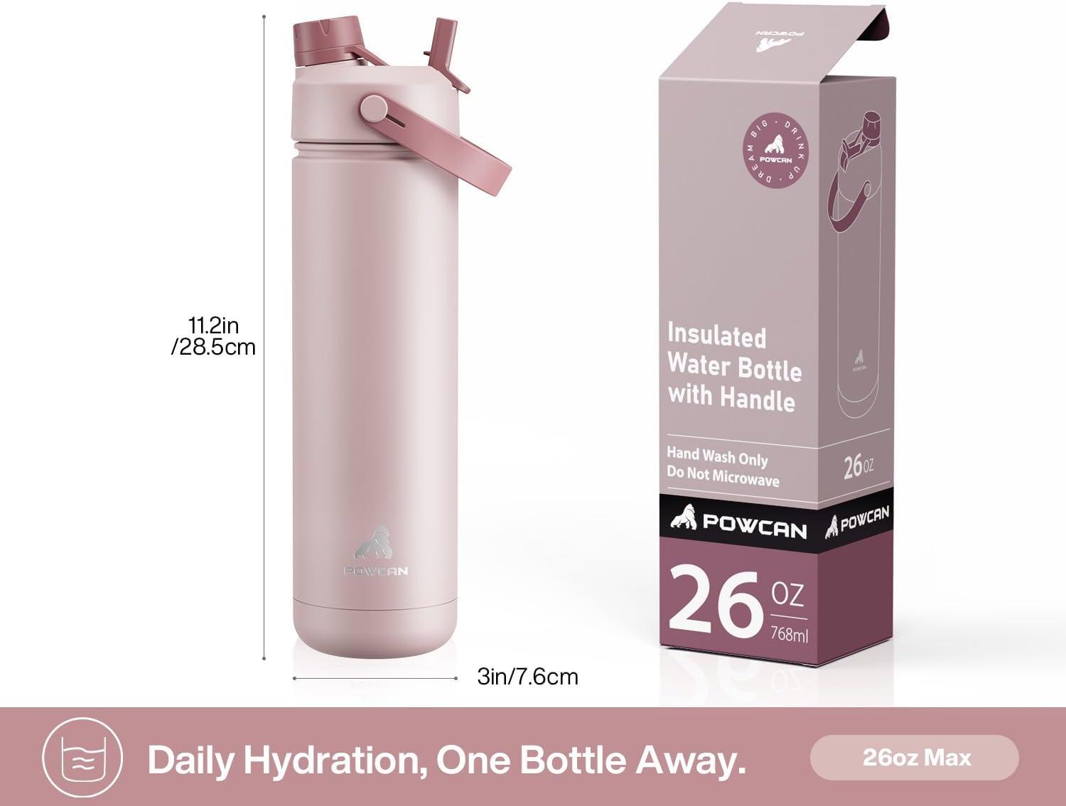 imagePOWCAN 26 oz Insulated Water Bottle with 2in1 Straw and Spout Lid Keep Cold 24H LeakProof Fits in Car Cup Holder Stainless Steel Water Bottle for Sports Travel and School Cotton CandyDried Rose