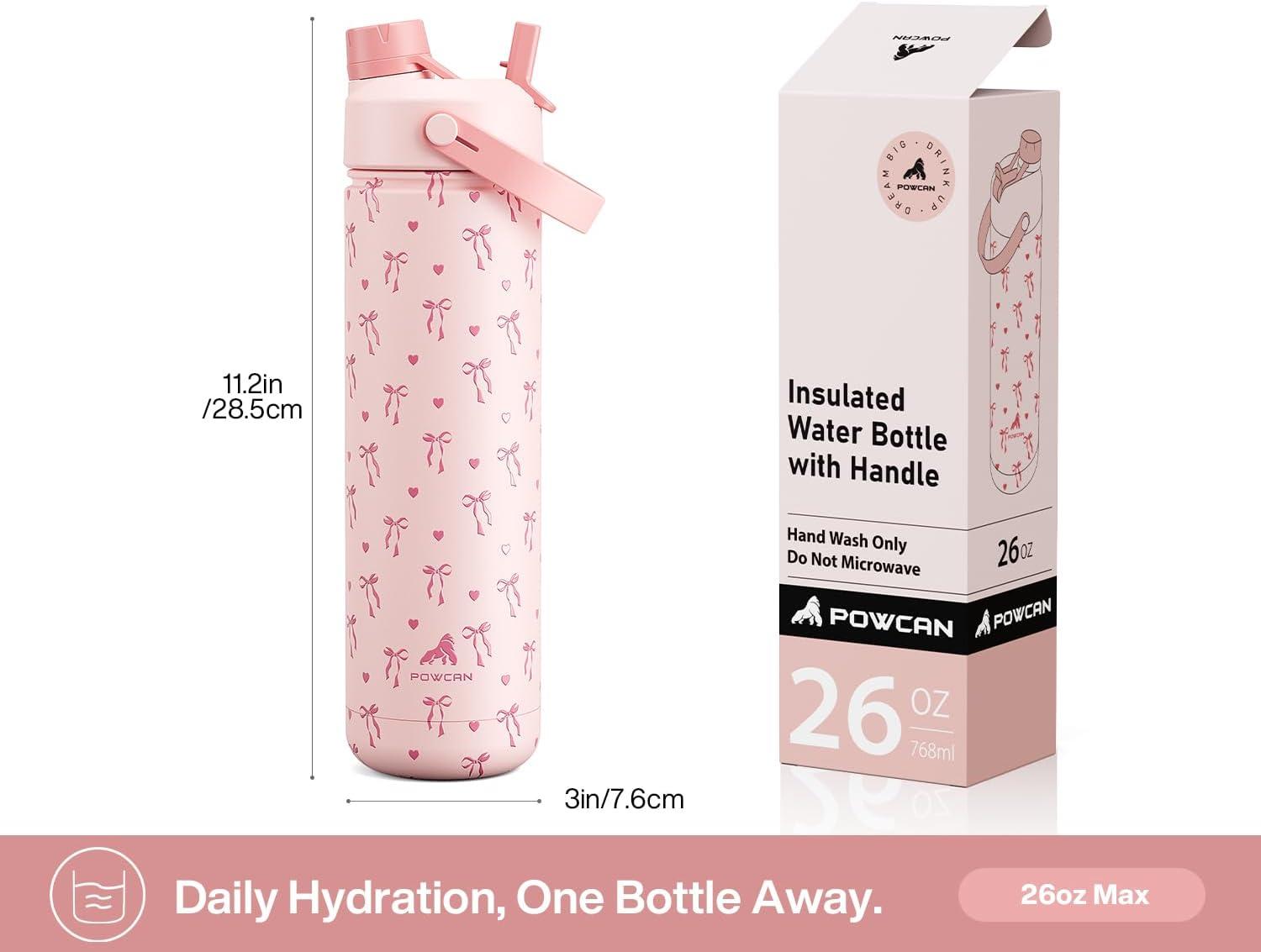 imagePOWCAN 26 oz Insulated Water Bottle with 2in1 Straw and Spout Lid Keep Cold 24H LeakProof Fits in Car Cup Holder Stainless Steel Water Bottle for Sports Travel and School Cotton CandySweetheart Bow