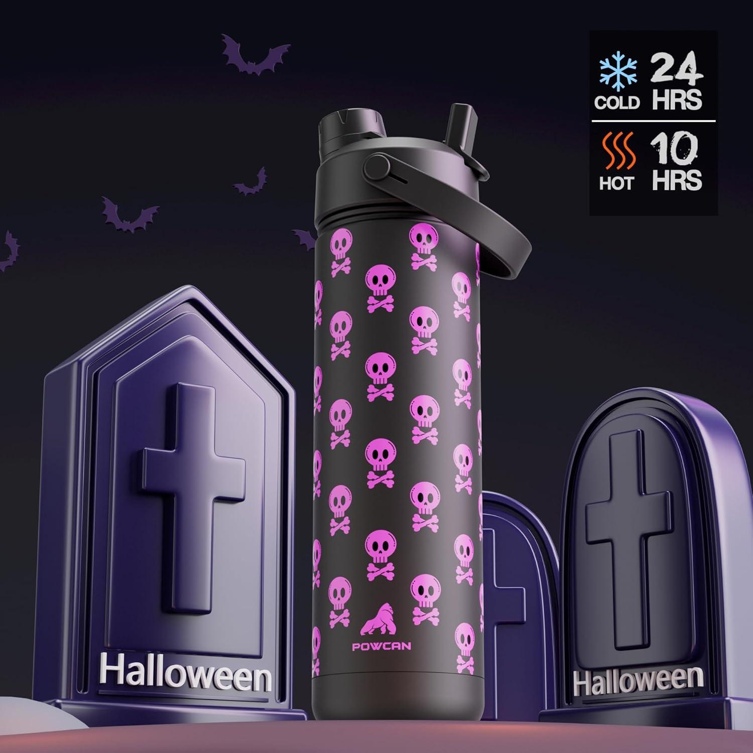 imagePOWCAN 26 oz Insulated Water Bottle with 2in1 Straw and Spout Lid Keep Cold 24H LeakProof Fits in Car Cup Holder Stainless Steel Water Bottle for Sports Travel and School Cotton CandyDeadly Cute Luminous