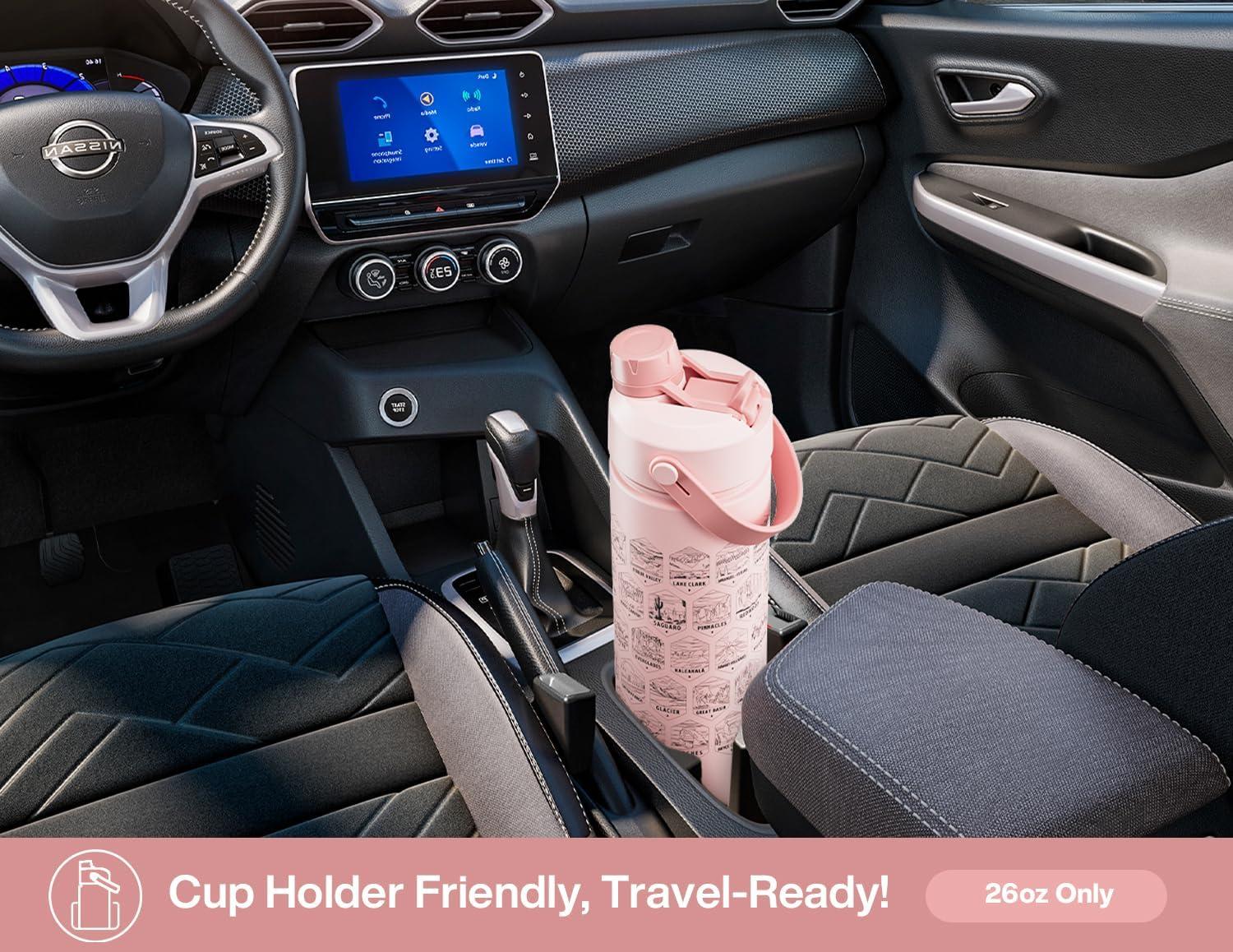 imagePOWCAN 26 oz Insulated Water Bottle with 2in1 Straw and Spout Lid Keep Cold 24H LeakProof Fits in Car Cup Holder Stainless Steel Water Bottle for Sports Travel and School Cotton CandyNational Park  Pink