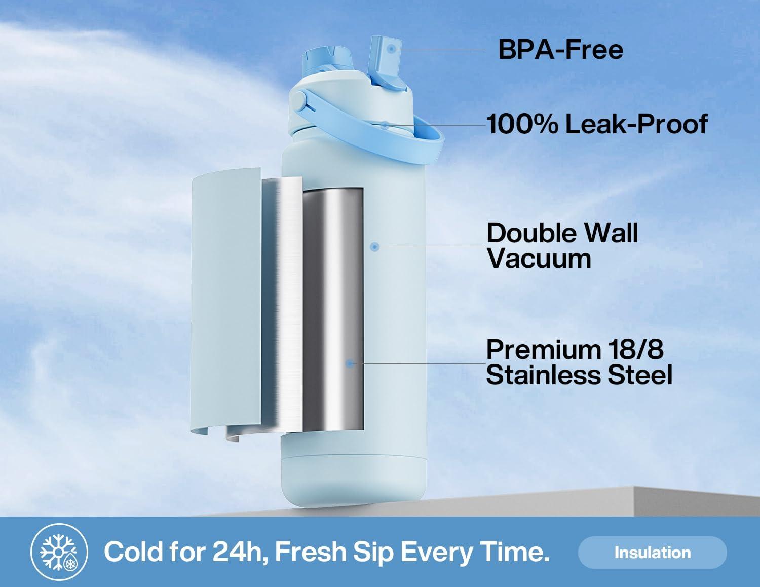 imagePOWCAN 26 oz Insulated Water Bottle with 2in1 Straw and Spout Lid Keep Cold 24H LeakProof Fits in Car Cup Holder Stainless Steel Water Bottle for Sports Travel and School Cotton CandySea Breeze