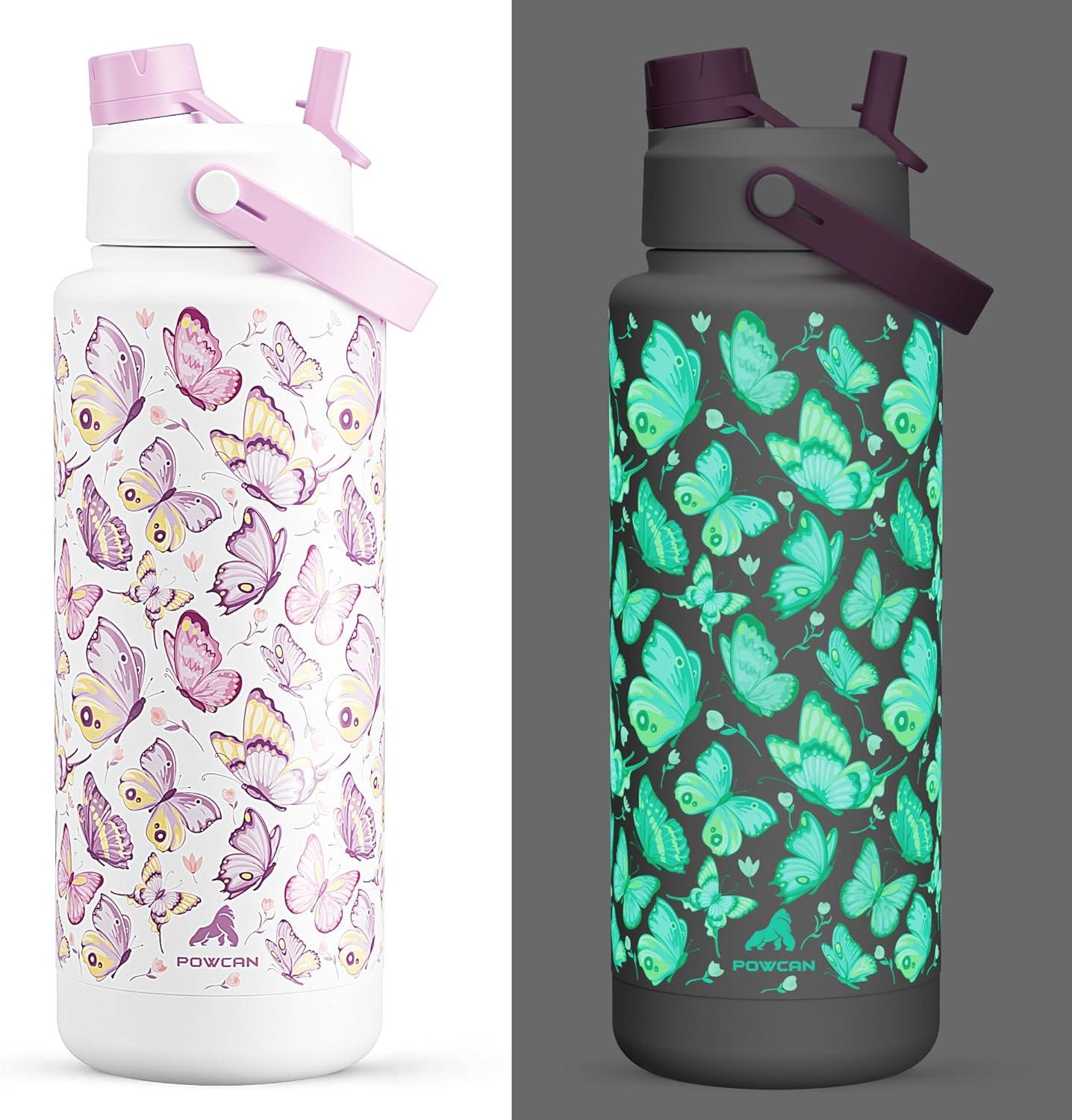 imagePOWCAN 26 oz Insulated Water Bottle with 2in1 Straw and Spout Lid Keep Cold 24H LeakProof Fits in Car Cup Holder Stainless Steel Water Bottle for Sports Travel and School Cotton CandyLuminous Flutter Luminous