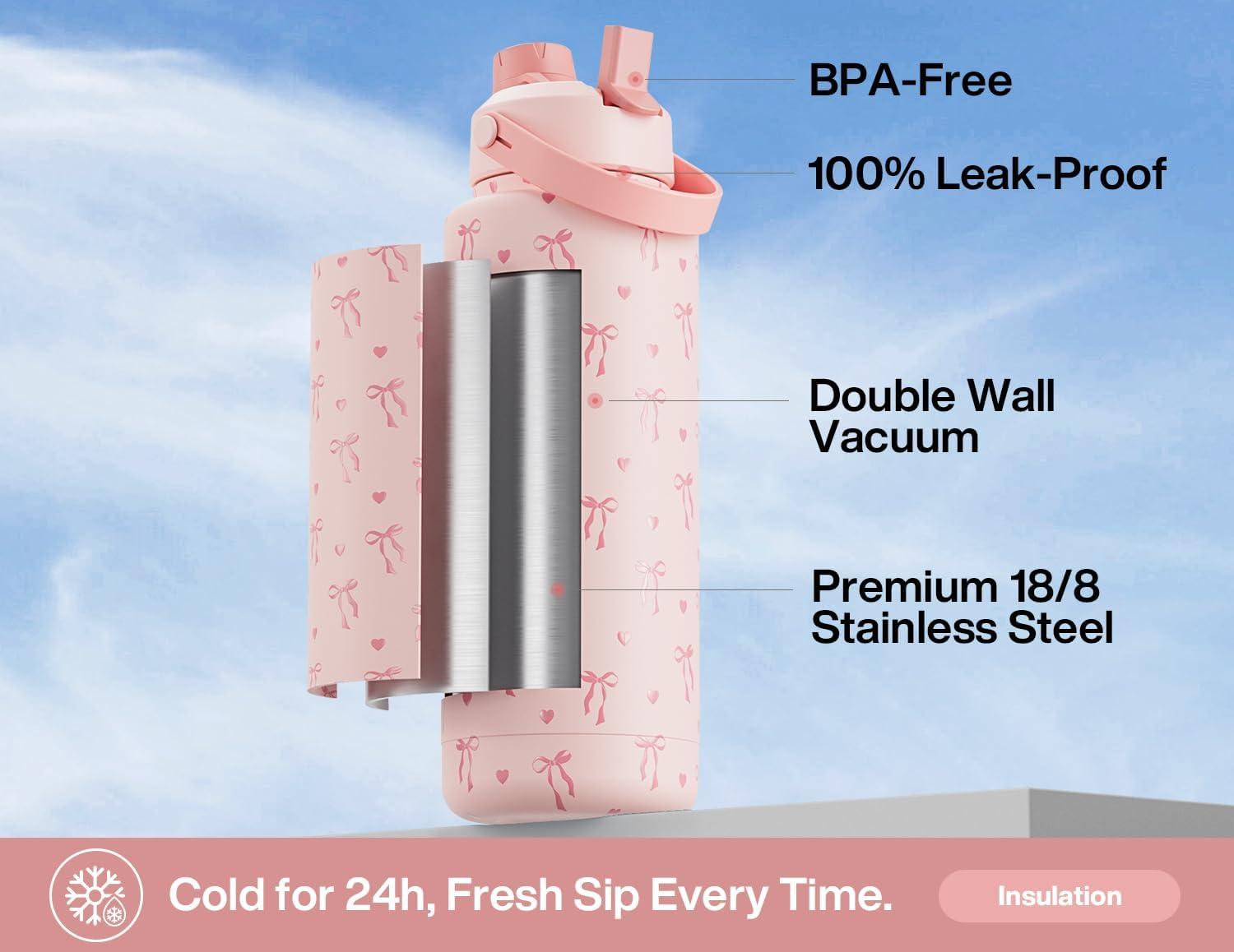 imagePOWCAN 26 oz Insulated Water Bottle with 2in1 Straw and Spout Lid Keep Cold 24H LeakProof Fits in Car Cup Holder Stainless Steel Water Bottle for Sports Travel and School Cotton CandySweetheart Bow