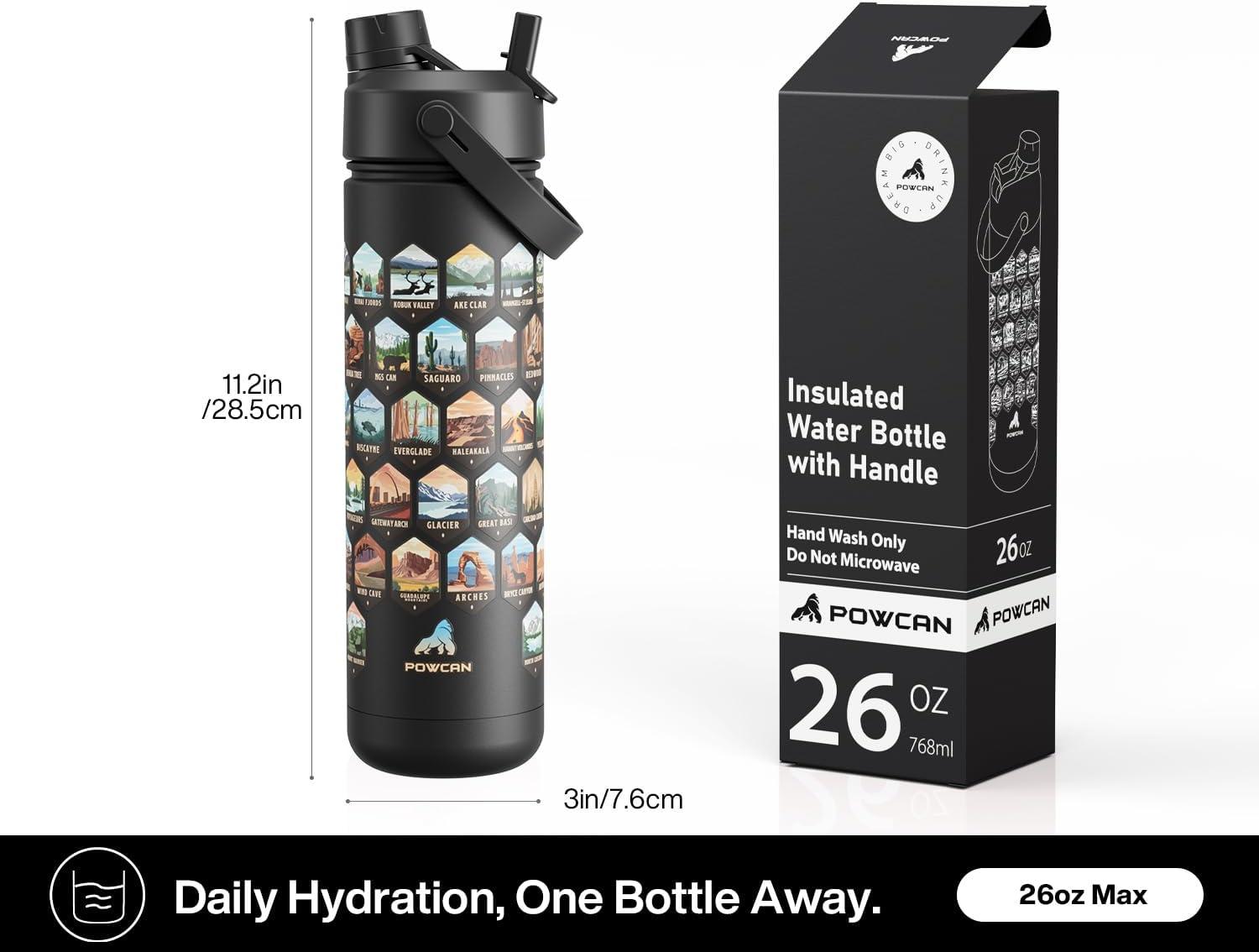 imagePOWCAN 26 oz Insulated Water Bottle with 2in1 Straw and Spout Lid Keep Cold 24H LeakProof Fits in Car Cup Holder Stainless Steel Water Bottle for Sports Travel and School Cotton CandyNational Park  Black
