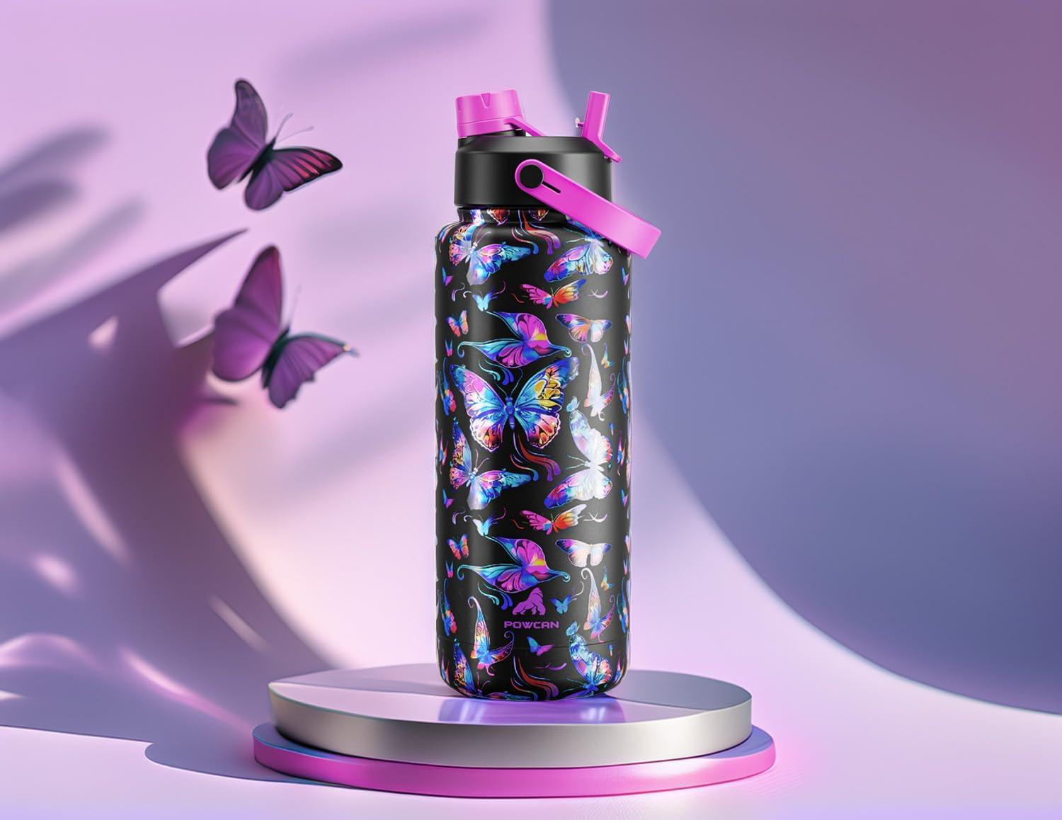 imagePOWCAN 26 oz Insulated Water Bottle with 2in1 Straw and Spout Lid Keep Cold 24H LeakProof Fits in Car Cup Holder Stainless Steel Water Bottle for Sports Travel and School Cotton CandyButterfly Waltz