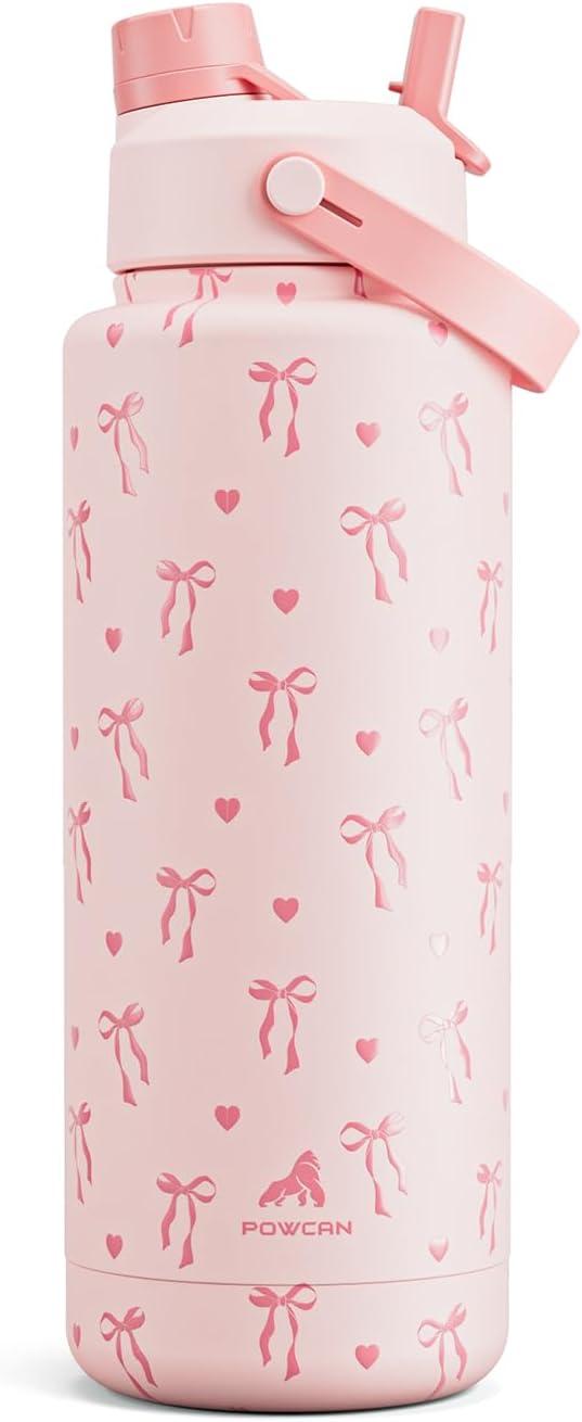 imagePOWCAN 26 oz Insulated Water Bottle with 2in1 Straw and Spout Lid Keep Cold 24H LeakProof Fits in Car Cup Holder Stainless Steel Water Bottle for Sports Travel and School Cotton CandySweetheart Bow