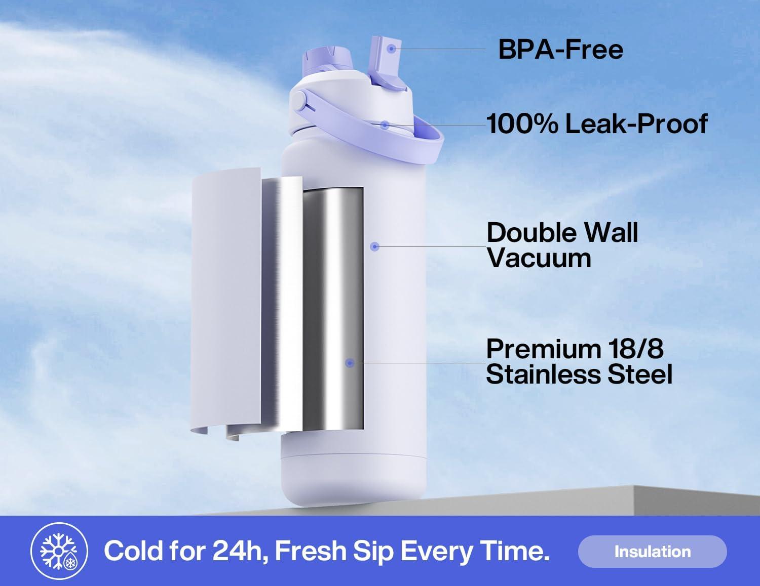 imagePOWCAN 26 oz Insulated Water Bottle with 2in1 Straw and Spout Lid Keep Cold 24H LeakProof Fits in Car Cup Holder Stainless Steel Water Bottle for Sports Travel and School Cotton CandyLupine