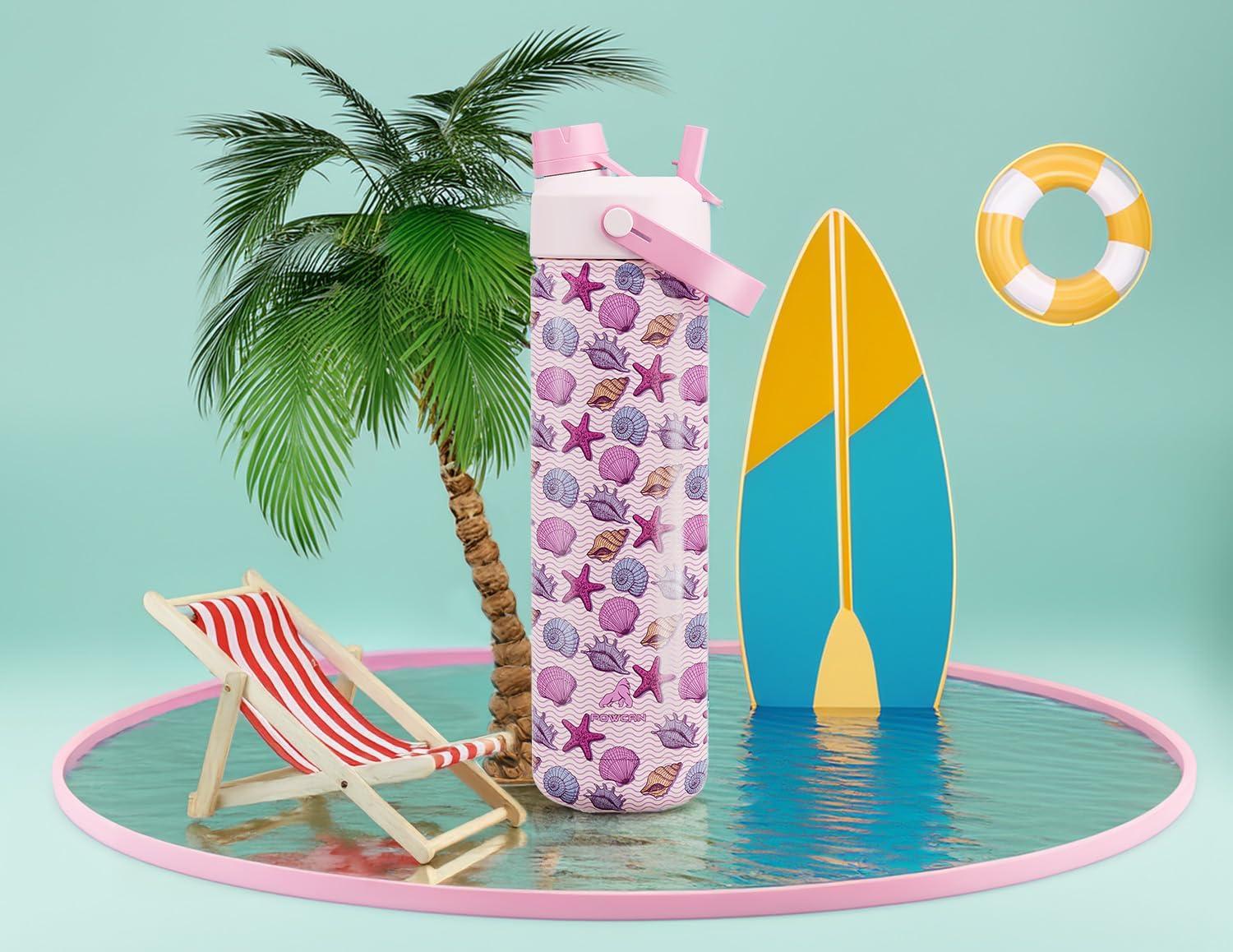 imagePOWCAN 26 oz Insulated Water Bottle with 2in1 Straw and Spout Lid Keep Cold 24H LeakProof Fits in Car Cup Holder Stainless Steel Water Bottle for Sports Travel and School Cotton CandySeashell Sonata