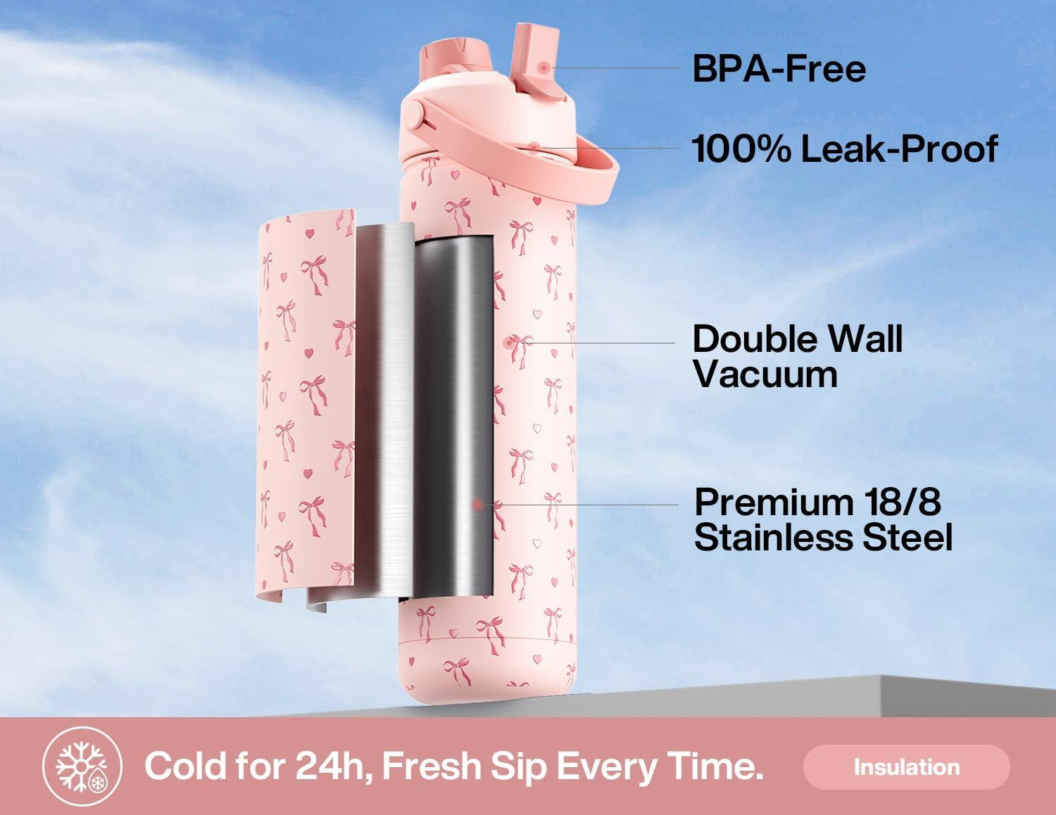 imagePOWCAN 26 oz Insulated Water Bottle with 2in1 Straw and Spout Lid Keep Cold 24H LeakProof Fits in Car Cup Holder Stainless Steel Water Bottle for Sports Travel and School Cotton CandySweetheart Bow