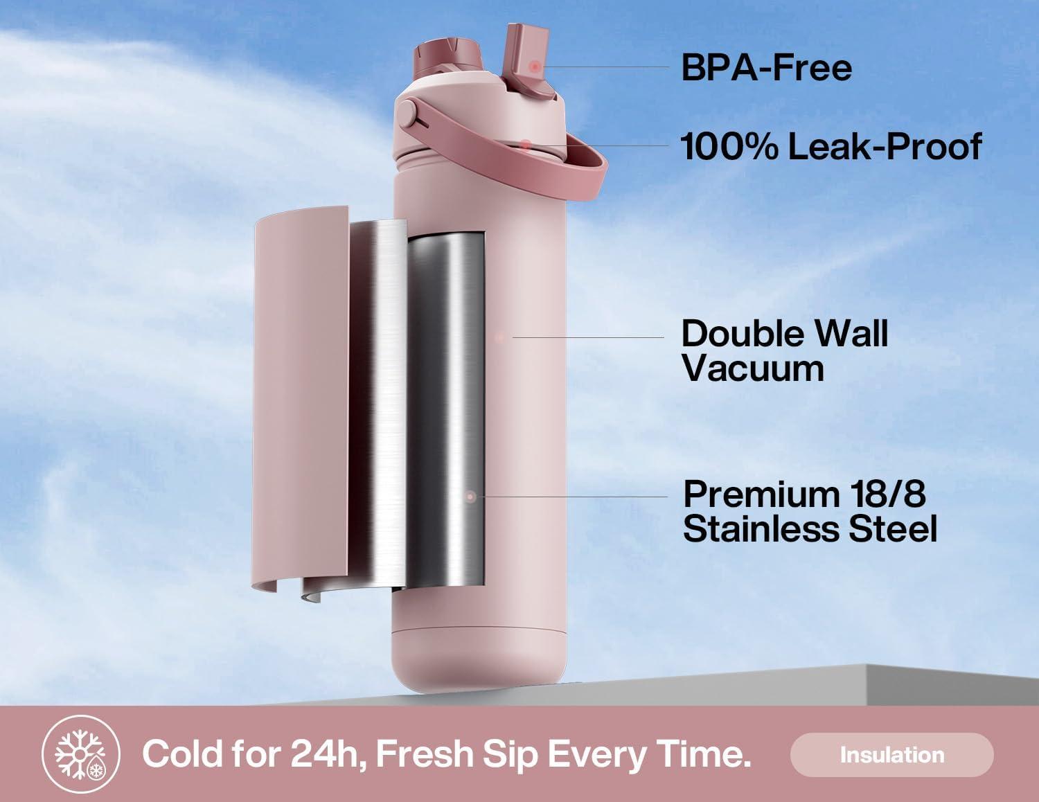imagePOWCAN 26 oz Insulated Water Bottle with 2in1 Straw and Spout Lid Keep Cold 24H LeakProof Fits in Car Cup Holder Stainless Steel Water Bottle for Sports Travel and School Cotton CandyDried Rose