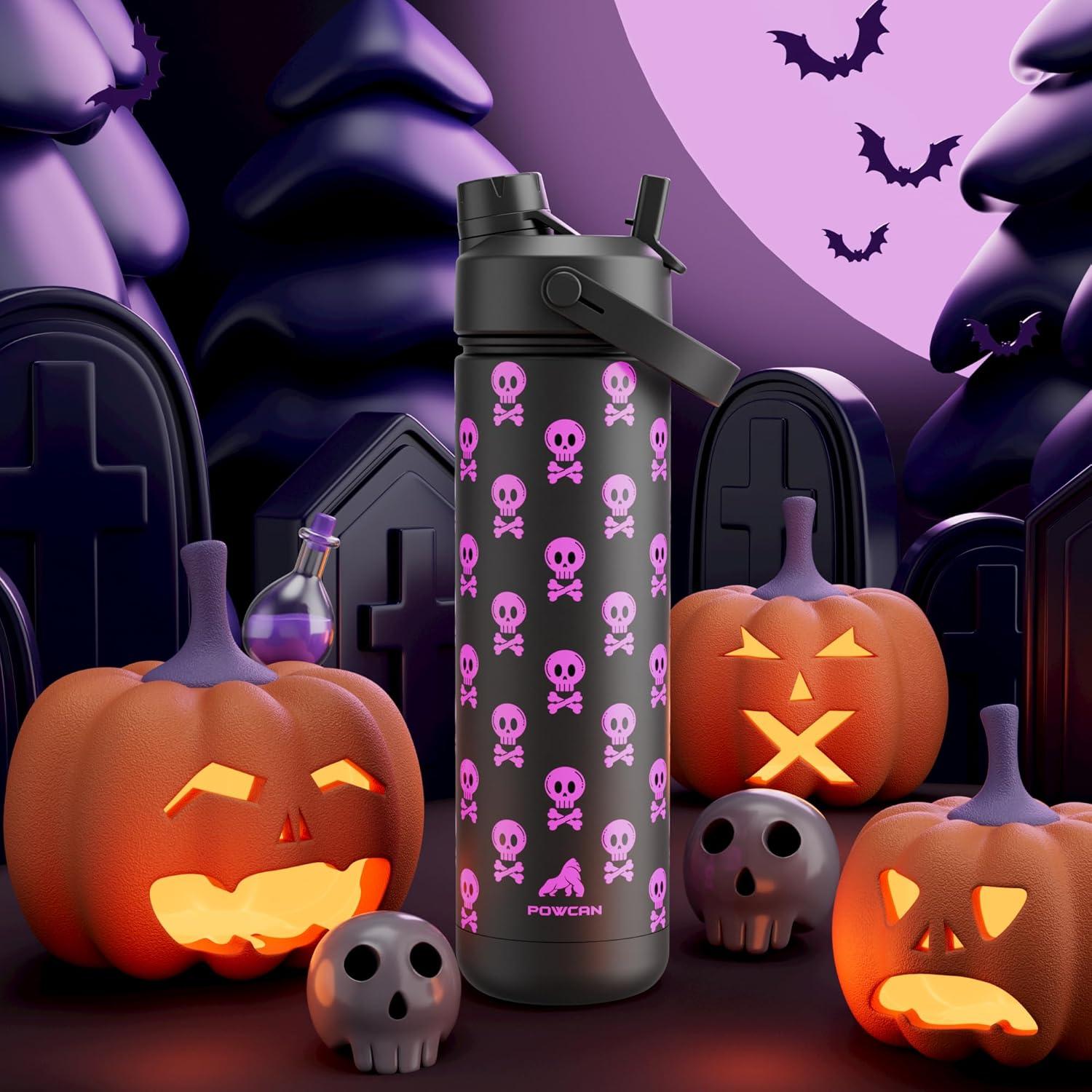 imagePOWCAN 26 oz Insulated Water Bottle with 2in1 Straw and Spout Lid Keep Cold 24H LeakProof Fits in Car Cup Holder Stainless Steel Water Bottle for Sports Travel and School Cotton CandyDeadly Cute Luminous