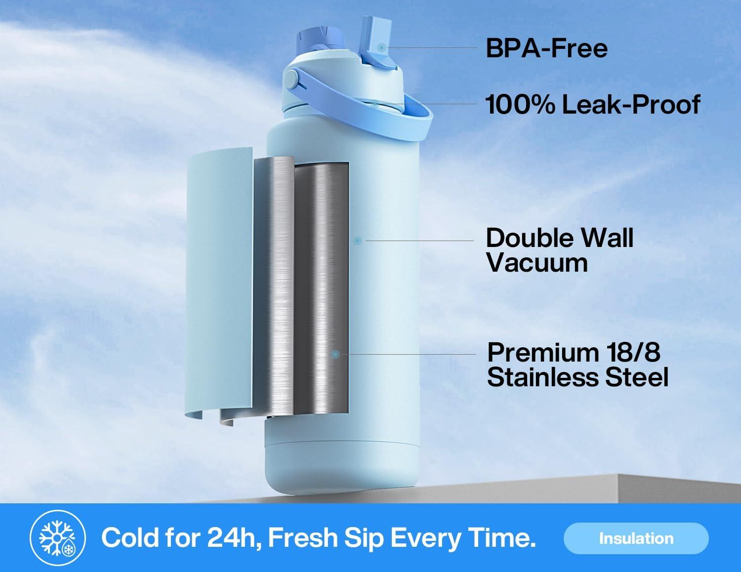 imagePOWCAN 26 oz Insulated Water Bottle with 2in1 Straw and Spout Lid Keep Cold 24H LeakProof Fits in Car Cup Holder Stainless Steel Water Bottle for Sports Travel and School Cotton CandySea Breeze