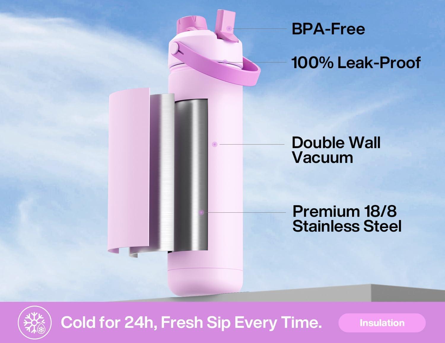 imagePOWCAN 26 oz Insulated Water Bottle with 2in1 Straw and Spout Lid Keep Cold 24H LeakProof Fits in Car Cup Holder Stainless Steel Water Bottle for Sports Travel and School Cotton CandyStarlight Cascade