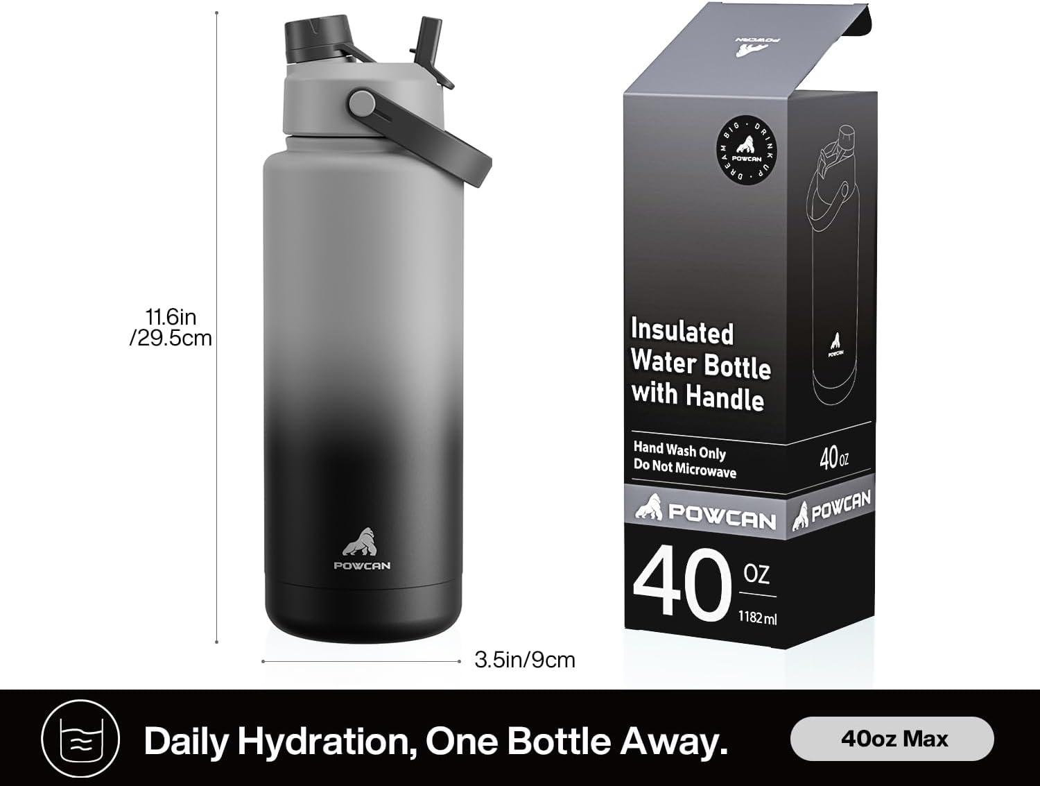 imagePOWCAN 26 oz Insulated Water Bottle with 2in1 Straw and Spout Lid Keep Cold 24H LeakProof Fits in Car Cup Holder Stainless Steel Water Bottle for Sports Travel and School Cotton CandyObsidian