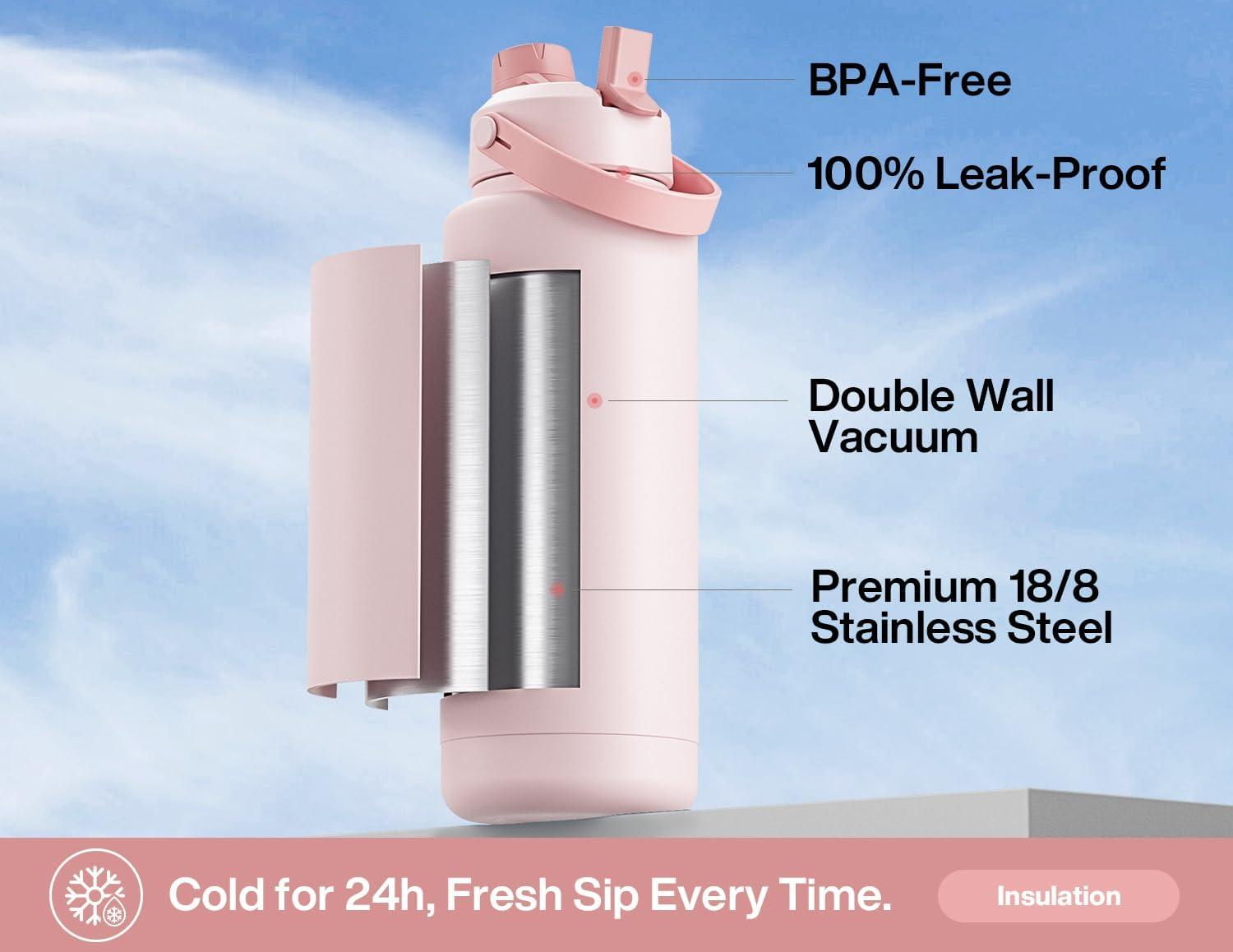 imagePOWCAN 26 oz Insulated Water Bottle with 2in1 Straw and Spout Lid Keep Cold 24H LeakProof Fits in Car Cup Holder Stainless Steel Water Bottle for Sports Travel and School Cotton CandyCotton Candy