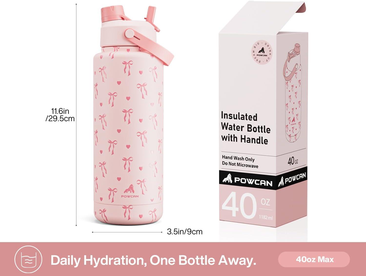 imagePOWCAN 26 oz Insulated Water Bottle with 2in1 Straw and Spout Lid Keep Cold 24H LeakProof Fits in Car Cup Holder Stainless Steel Water Bottle for Sports Travel and School Cotton CandySweetheart Bow