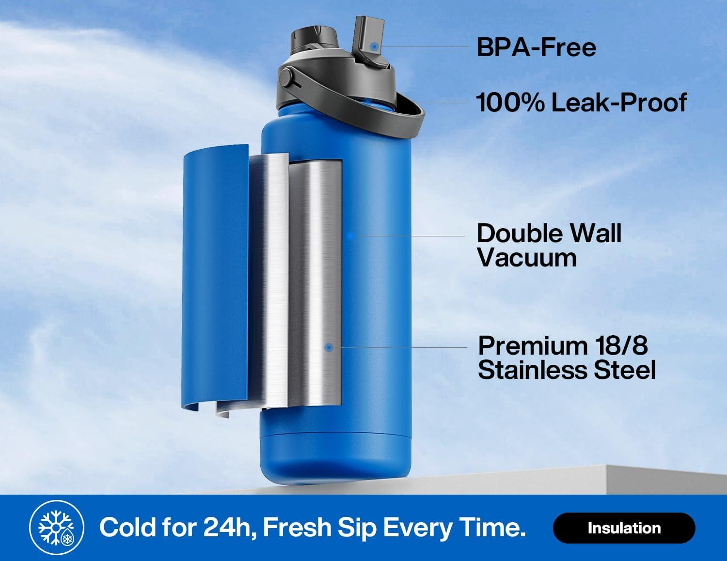 imagePOWCAN 26 oz Insulated Water Bottle with 2in1 Straw and Spout Lid Keep Cold 24H LeakProof Fits in Car Cup Holder Stainless Steel Water Bottle for Sports Travel and School Cotton CandyPacific Ocean