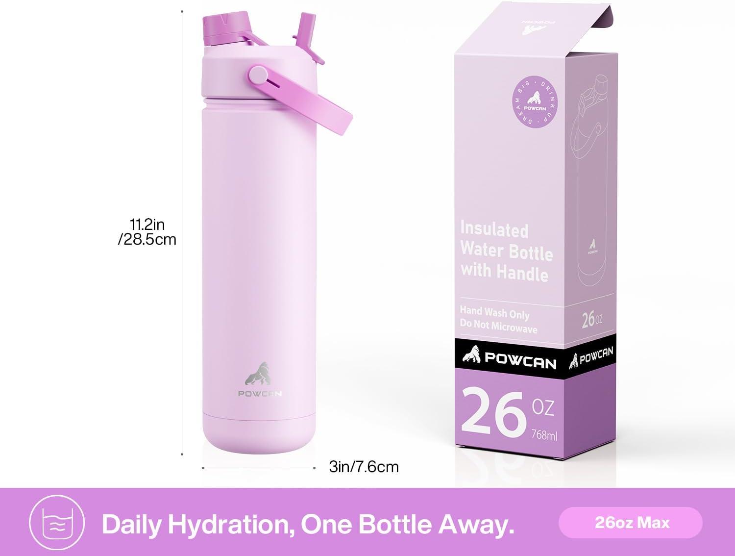 imagePOWCAN 26 oz Insulated Water Bottle with 2in1 Straw and Spout Lid Keep Cold 24H LeakProof Fits in Car Cup Holder Stainless Steel Water Bottle for Sports Travel and School Cotton CandySeashell Sonata