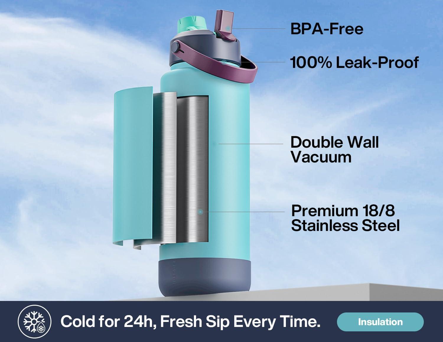 imagePOWCAN 26 oz Insulated Water Bottle with 2in1 Straw and Spout Lid Keep Cold 24H LeakProof Fits in Car Cup Holder Stainless Steel Water Bottle for Sports Travel and School Cotton CandyBig Wave