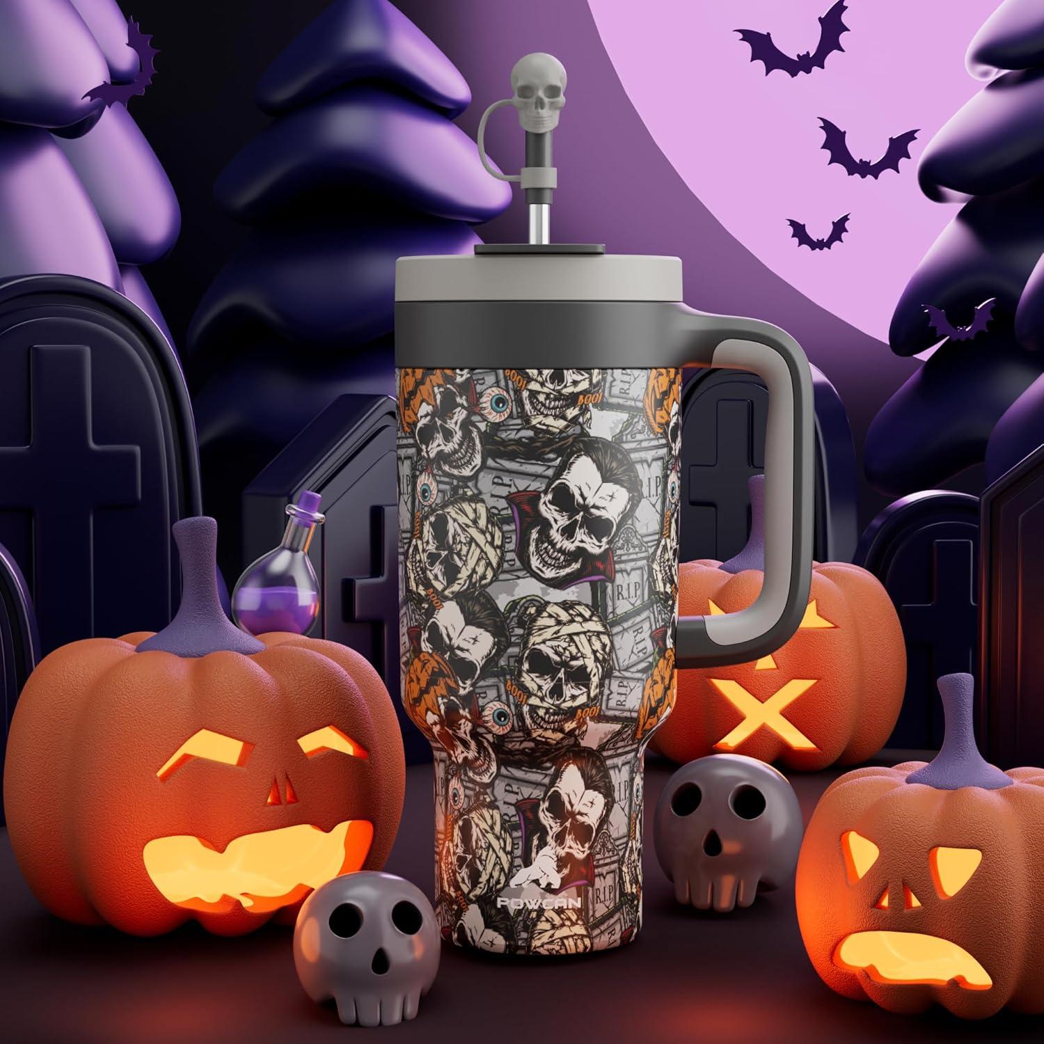 imagePOWCAN 40 oz Halloween Tumbler with Handle 2in1 Straw Lid Leakproof Dishwasher Safe Insulated Stainless Steel Travel Coffee Mug Keeps Cold for 34 Hours Fits in Car Cup Holder Death Party