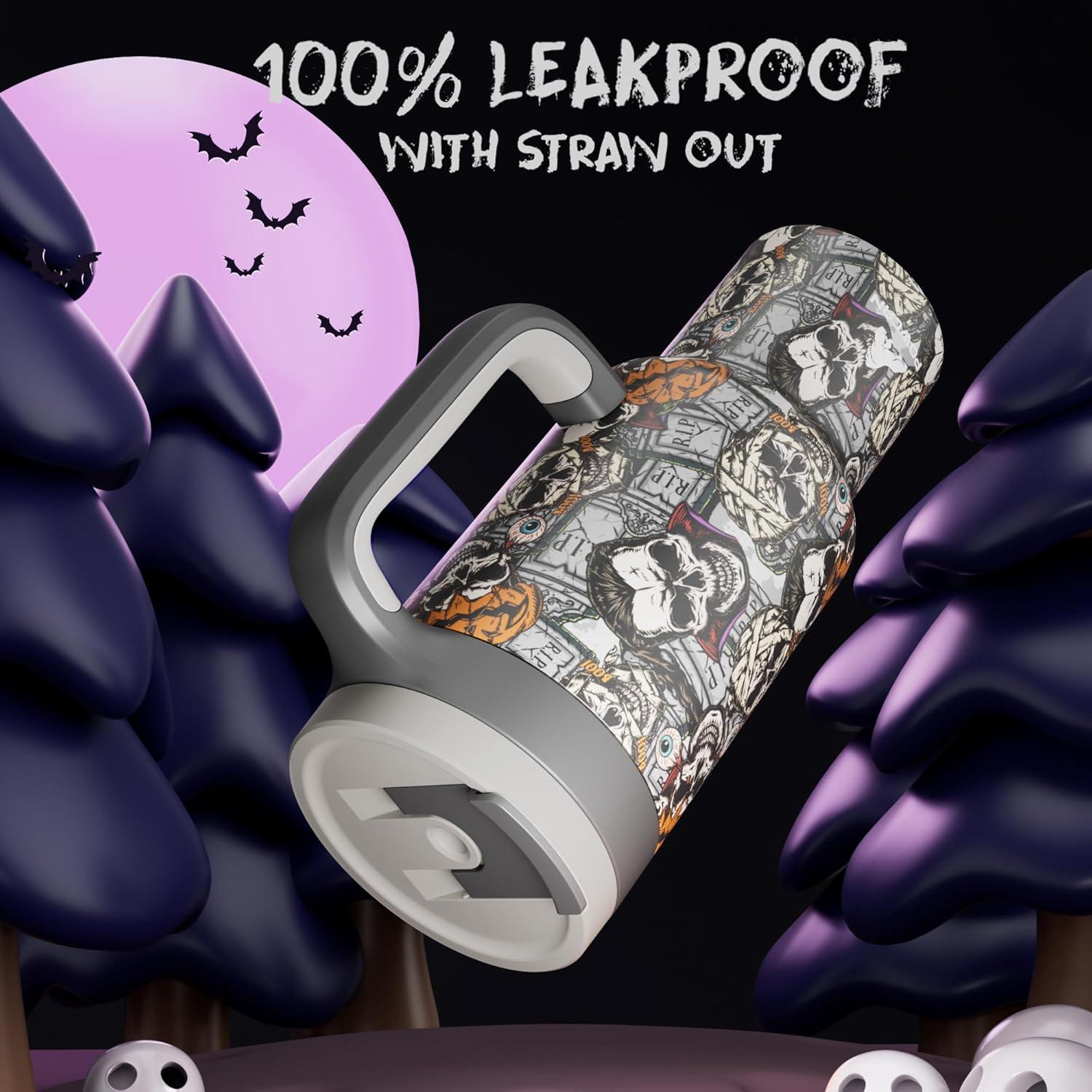 imagePOWCAN 40 oz Halloween Tumbler with Handle 2in1 Straw Lid Leakproof Dishwasher Safe Insulated Stainless Steel Travel Coffee Mug Keeps Cold for 34 Hours Fits in Car Cup Holder Death Party