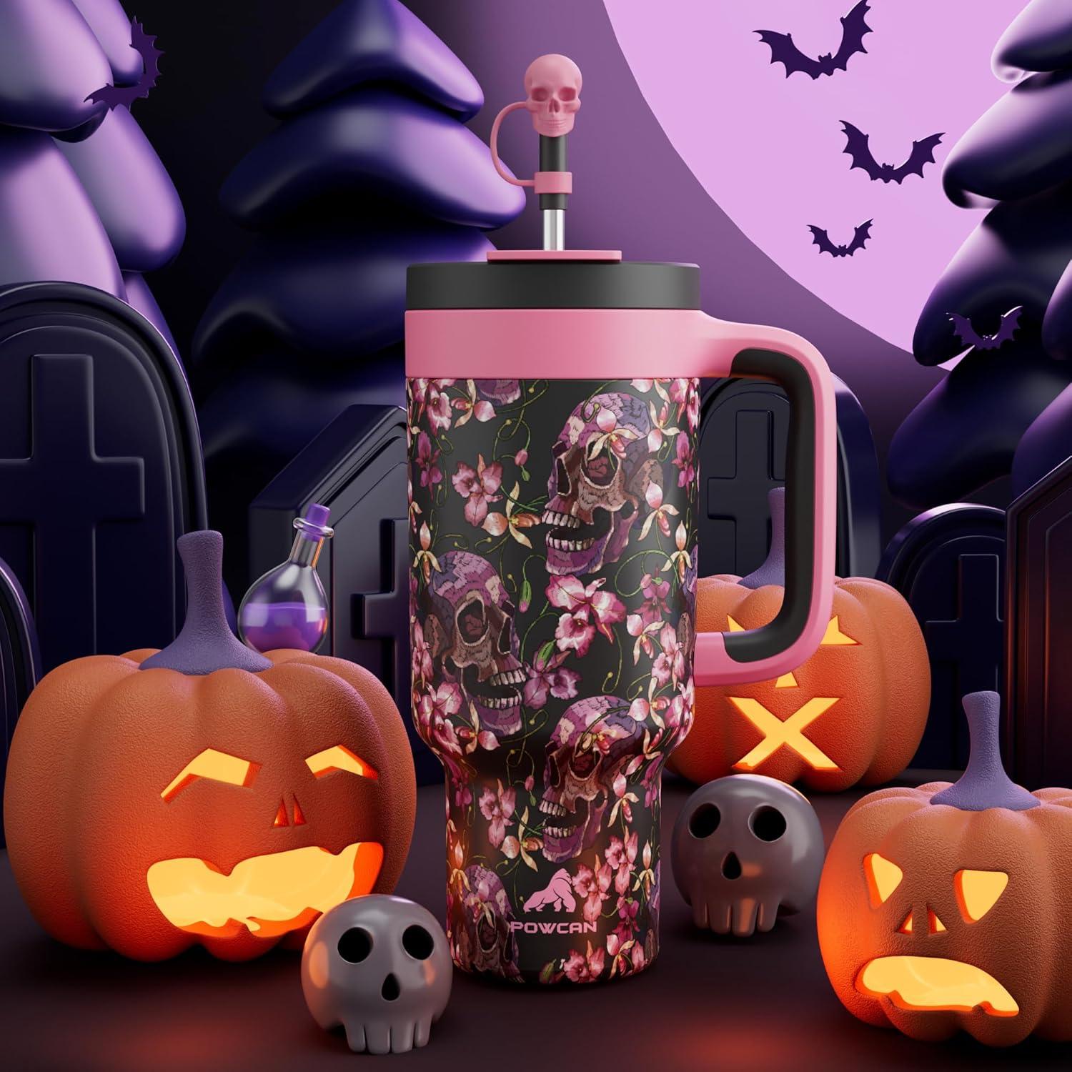 imagePOWCAN 40 oz Halloween Tumbler with Handle 2in1 Straw Lid Leakproof Dishwasher Safe Insulated Stainless Steel Travel Coffee Mug Keeps Cold for 34 Hours Fits in Car Cup Holder Floral Skull