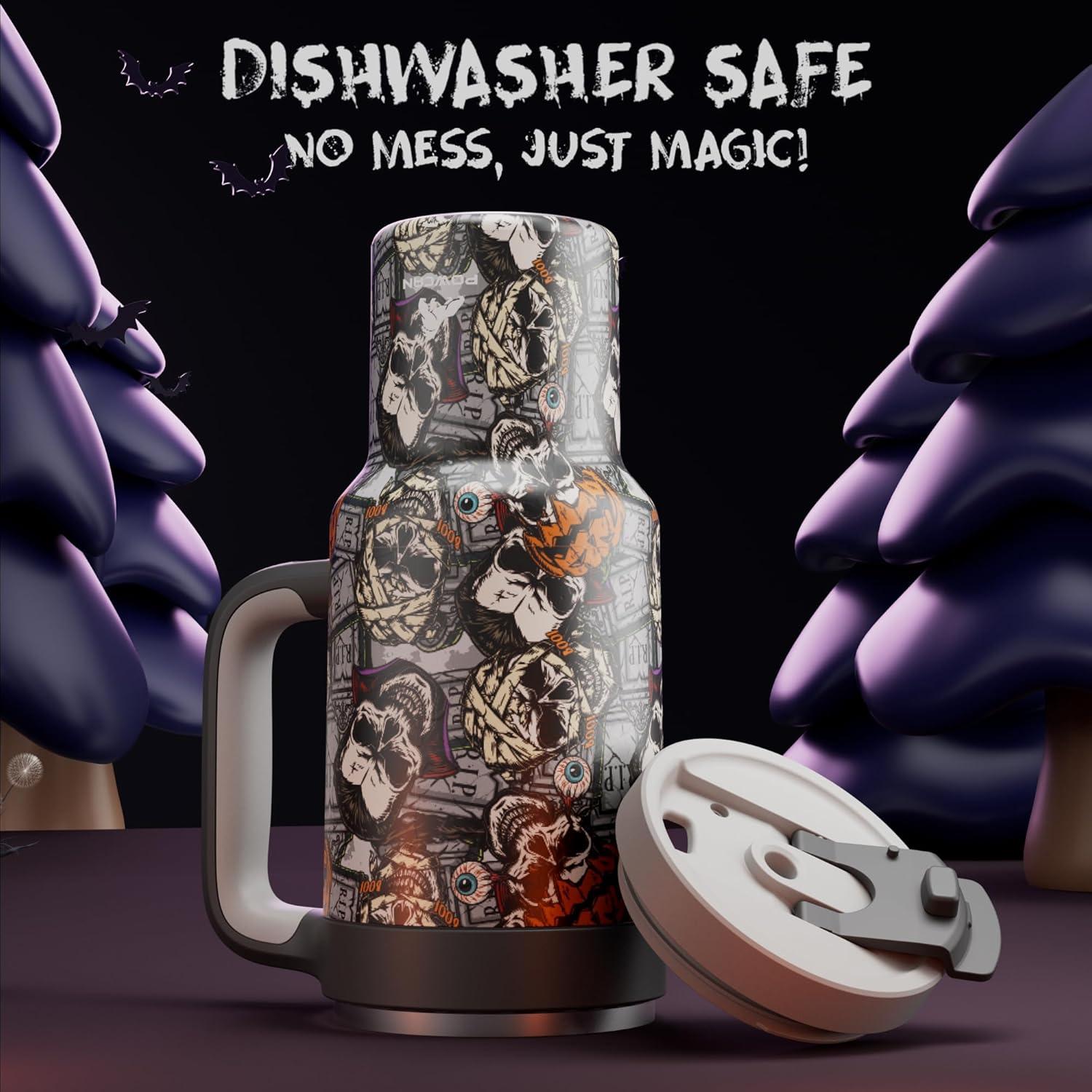 imagePOWCAN 40 oz Halloween Tumbler with Handle 2in1 Straw Lid Leakproof Dishwasher Safe Insulated Stainless Steel Travel Coffee Mug Keeps Cold for 34 Hours Fits in Car Cup Holder Death Party