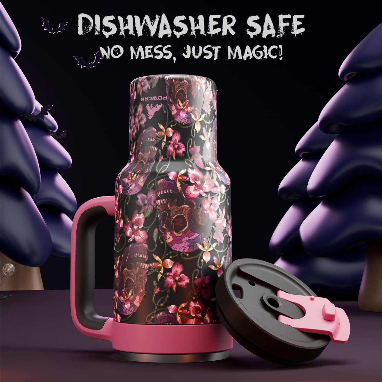 imagePOWCAN 40 oz Halloween Tumbler with Handle 2in1 Straw Lid Leakproof Dishwasher Safe Insulated Stainless Steel Travel Coffee Mug Keeps Cold for 34 Hours Fits in Car Cup Holder Floral Skull