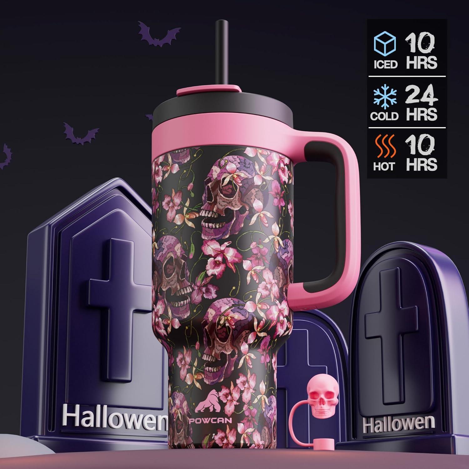 imagePOWCAN 40 oz Halloween Tumbler with Handle 2in1 Straw Lid Leakproof Dishwasher Safe Insulated Stainless Steel Travel Coffee Mug Keeps Cold for 34 Hours Fits in Car Cup Holder Floral Skull