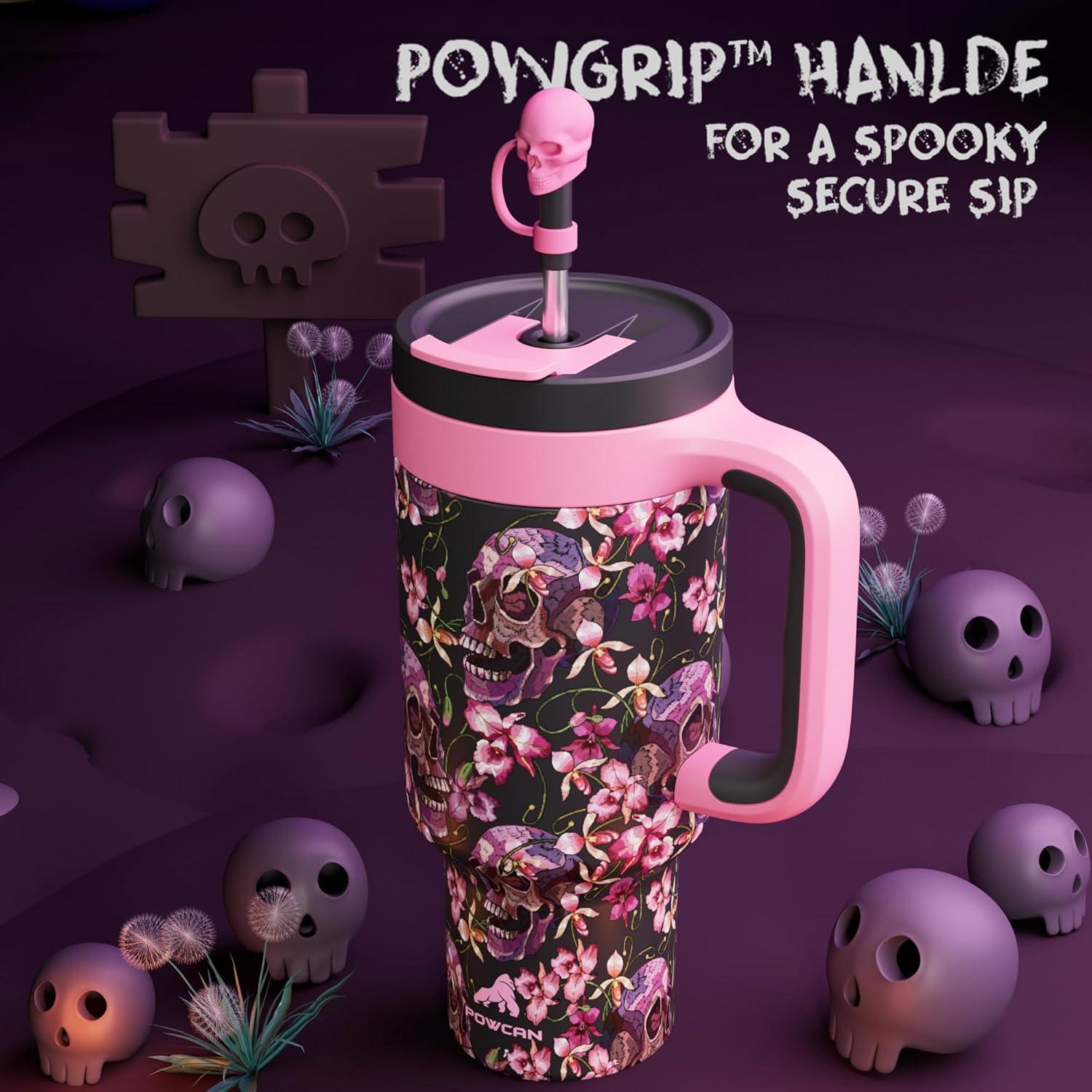imagePOWCAN 40 oz Halloween Tumbler with Handle 2in1 Straw Lid Leakproof Dishwasher Safe Insulated Stainless Steel Travel Coffee Mug Keeps Cold for 34 Hours Fits in Car Cup Holder Floral Skull