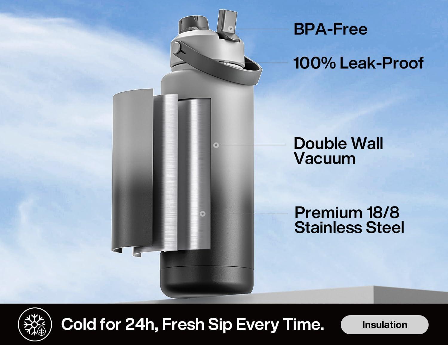 imagePOWCAN 40 oz Insulated Water Bottle with 2in1 Straw and Spout Lid Keep Cold 24H LeakProof BPAFree Double Wall Stainless Steel Water Bottle for Sports Gym Travel and School Be FreeObsidian