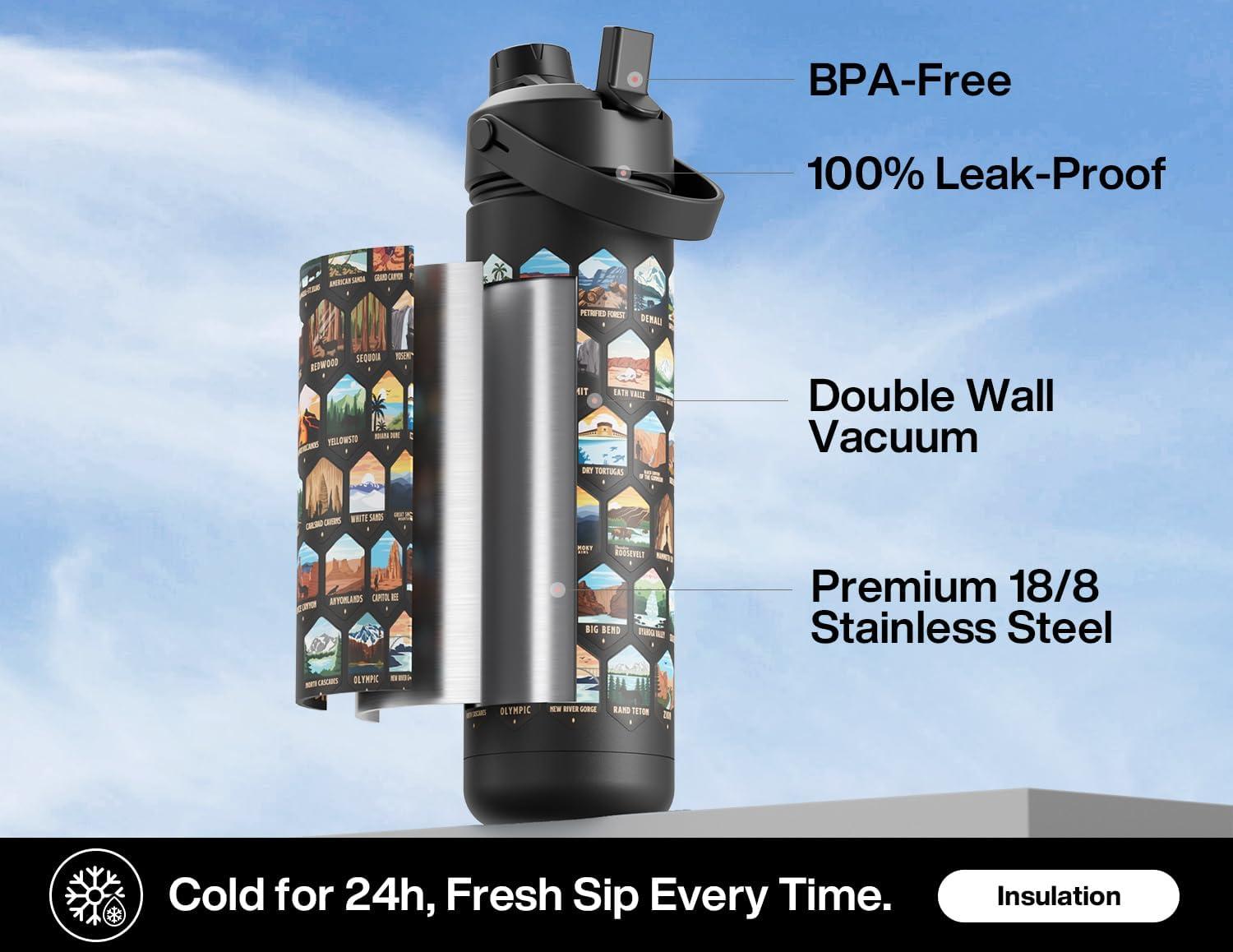 imagePOWCAN 40 oz Insulated Water Bottle with 2in1 Straw and Spout Lid Keep Cold 24H LeakProof BPAFree Double Wall Stainless Steel Water Bottle for Sports Gym Travel and School Be FreeNational Park  Black