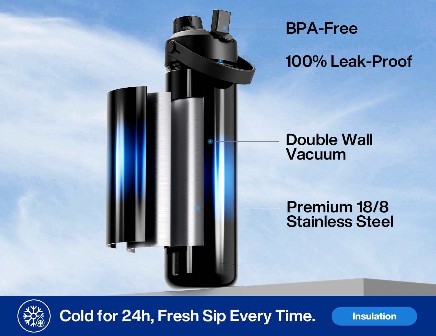 imagePOWCAN 40 oz Insulated Water Bottle with 2in1 Straw and Spout Lid Keep Cold 24H LeakProof BPAFree Double Wall Stainless Steel Water Bottle for Sports Gym Travel and School Be FreeTwilight Night