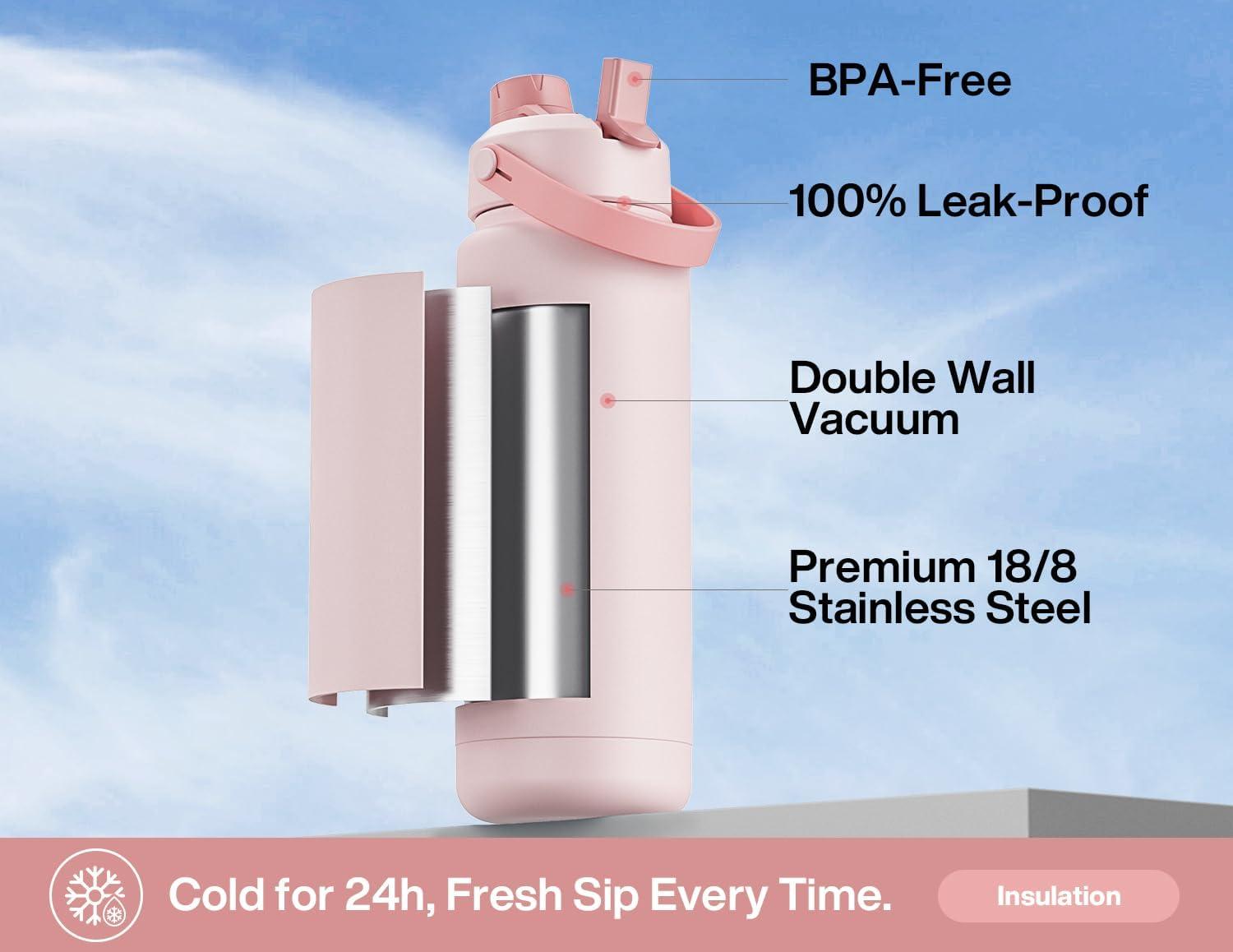 imagePOWCAN 40 oz Insulated Water Bottle with 2in1 Straw and Spout Lid Keep Cold 24H LeakProof BPAFree Double Wall Stainless Steel Water Bottle for Sports Gym Travel and School Be FreeCotton Candy