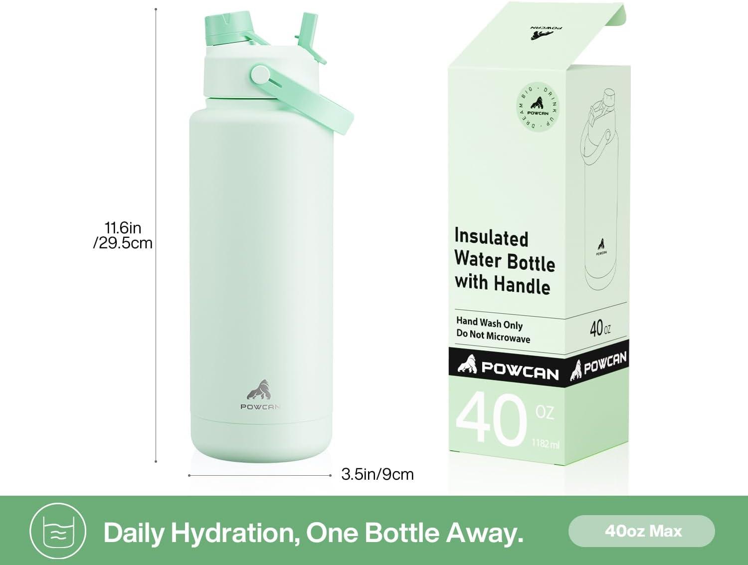 imagePOWCAN 40 oz Insulated Water Bottle with 2in1 Straw and Spout Lid Keep Cold 24H LeakProof BPAFree Double Wall Stainless Steel Water Bottle for Sports Gym Travel and School Be FreeMint
