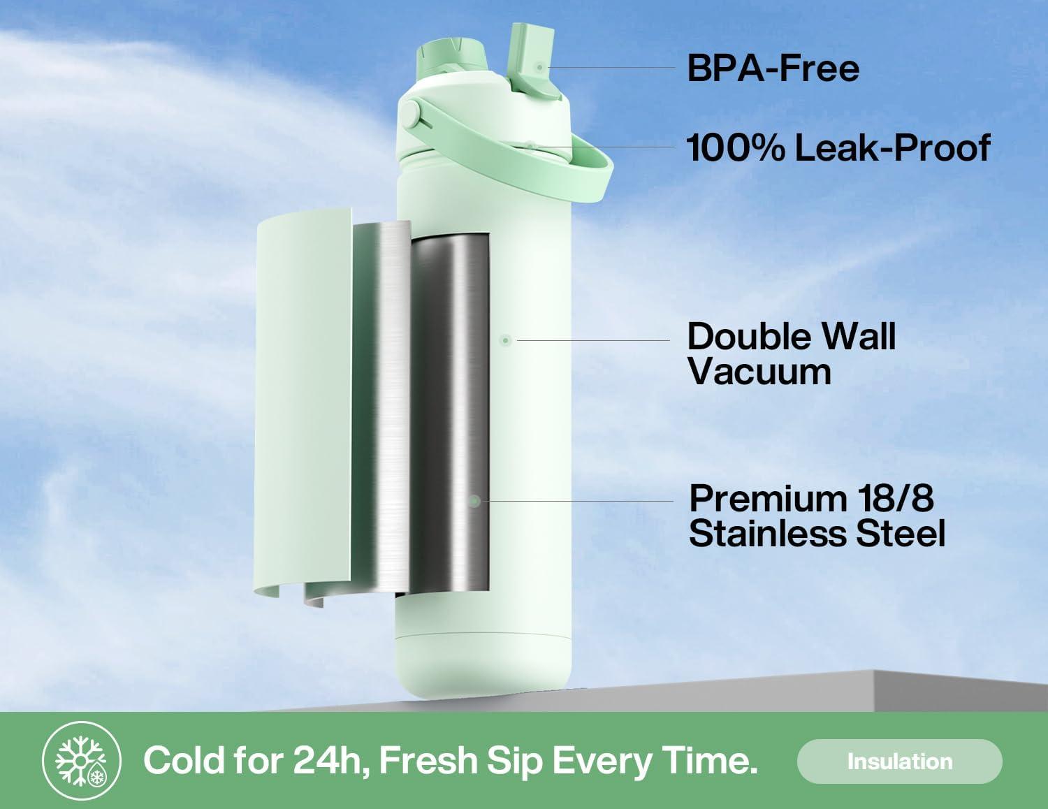 imagePOWCAN 40 oz Insulated Water Bottle with 2in1 Straw and Spout Lid Keep Cold 24H LeakProof BPAFree Double Wall Stainless Steel Water Bottle for Sports Gym Travel and School Be FreeMint